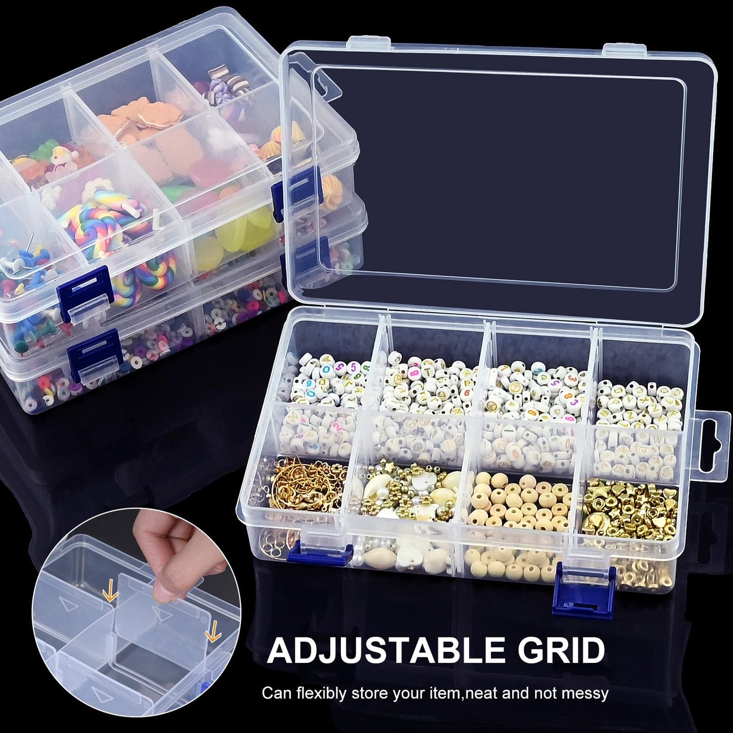 3Pcs Clear Craft Storage Boxes, Adjustable Dividers 8 Grids Plastic Tiered Organiser Diamond Embroidery Box