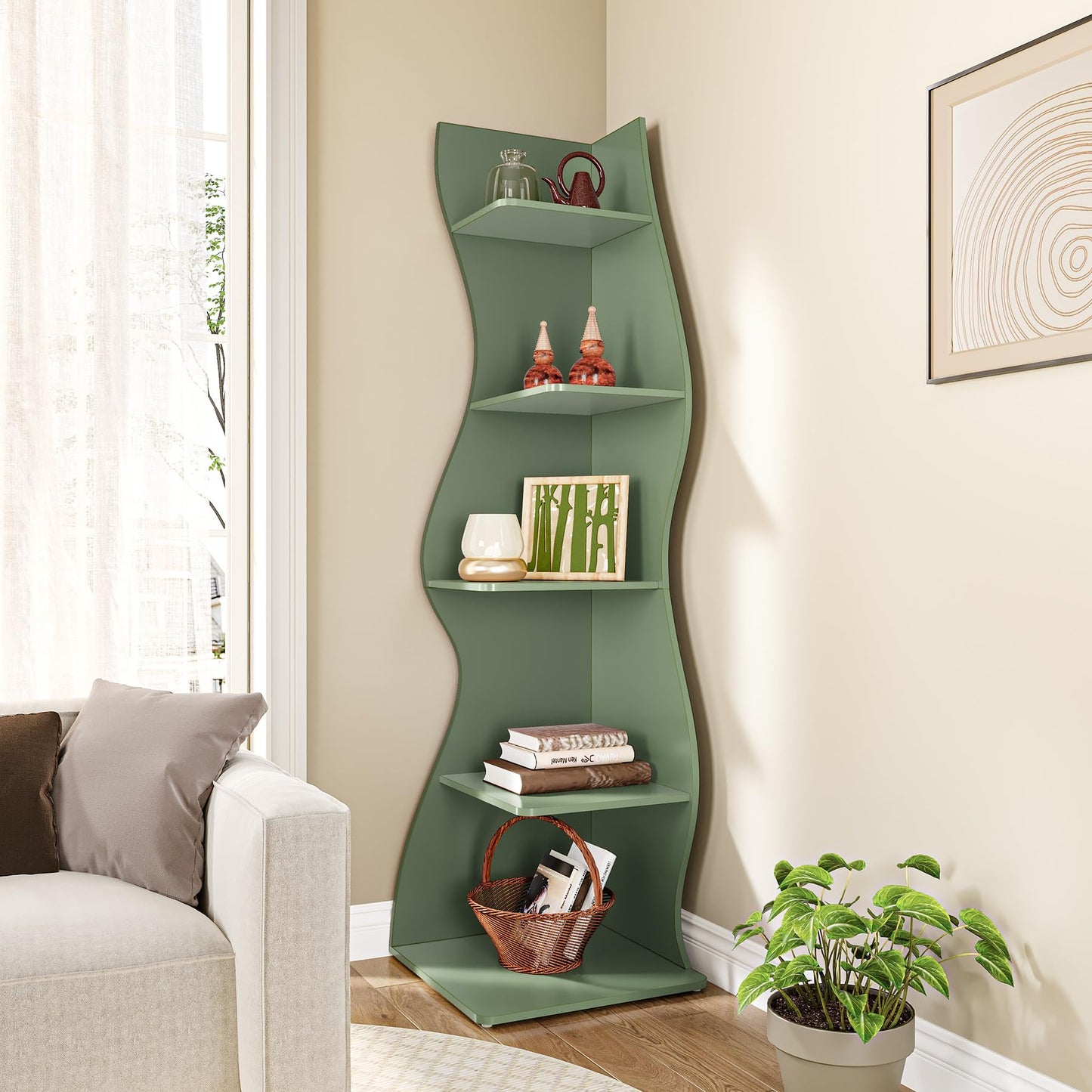 LITTLE TREE Small Corner Shelf, Modern 5-Tier Wall Corner Bookshelf, Stylish Bookcase Storage Rack for Small Space, Living Room, Bedroom Green