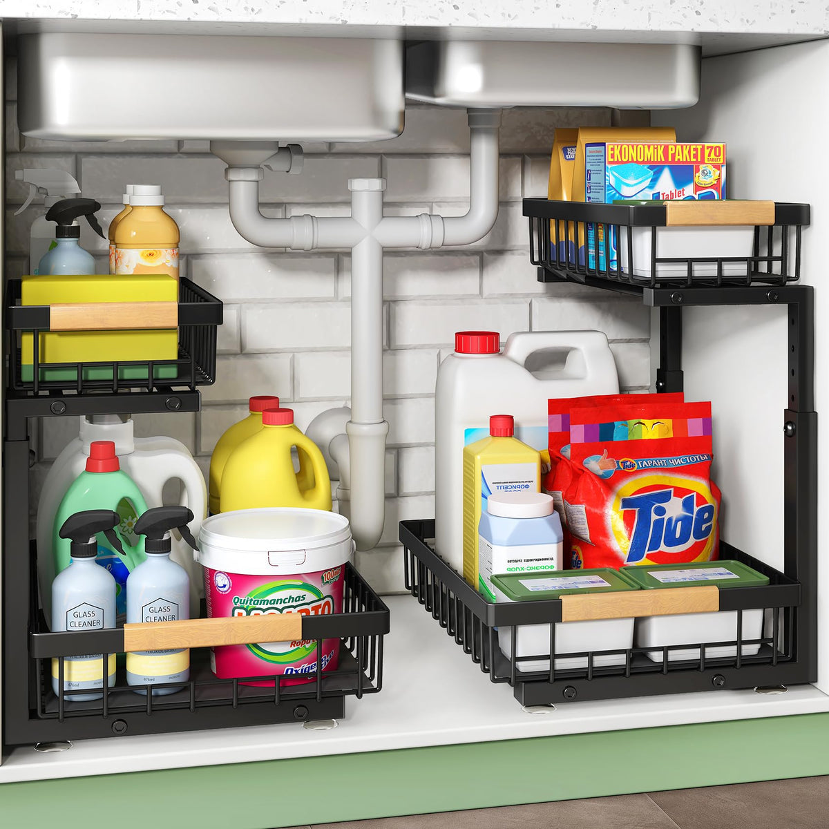 Kitstorack 2 Pack Under Sink Storage, 2 Tier Metal Pull Out Kitchen Under Sink Organiser, Kitchen Storage & Organisation Under Cupboard Storage for
