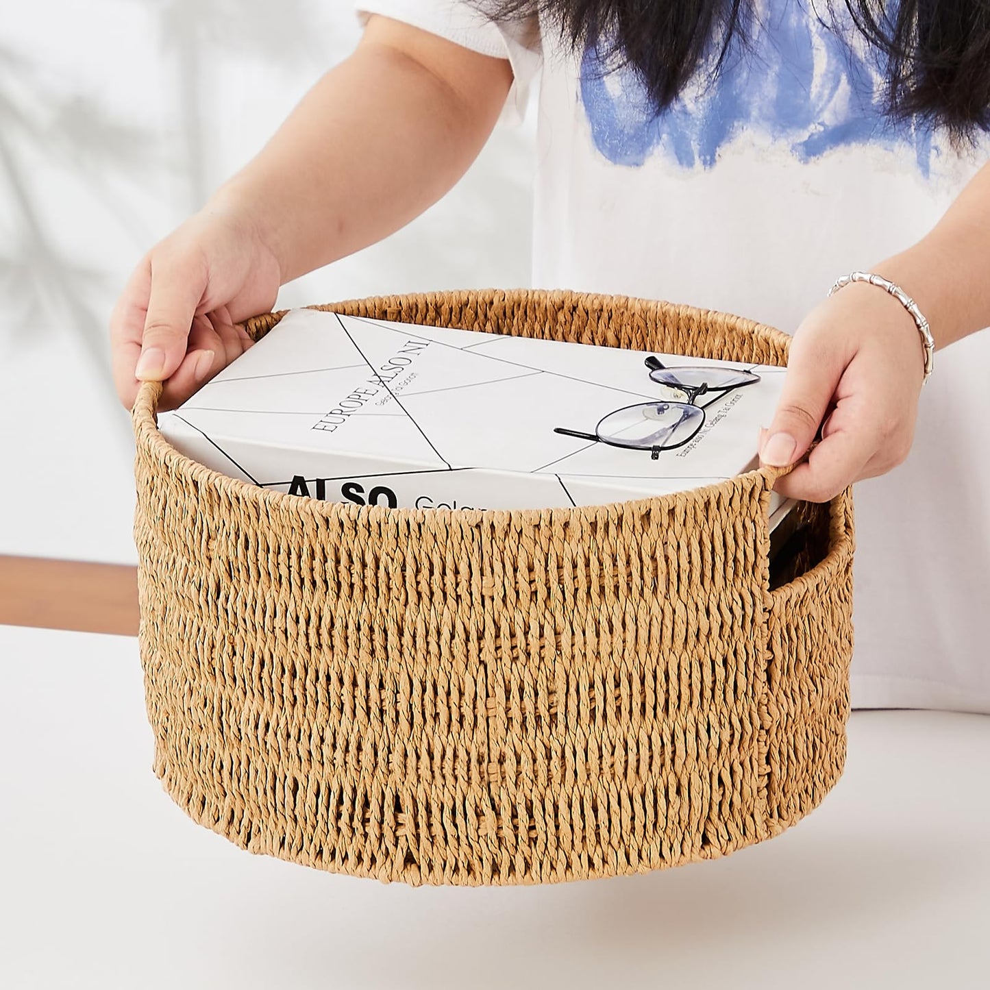 Vagusicc Woven Storage Baskets Set of 3, HandWoven Round Wicker Storage Basket with Handles, Natural Wicker Shelf Baskets Organizer