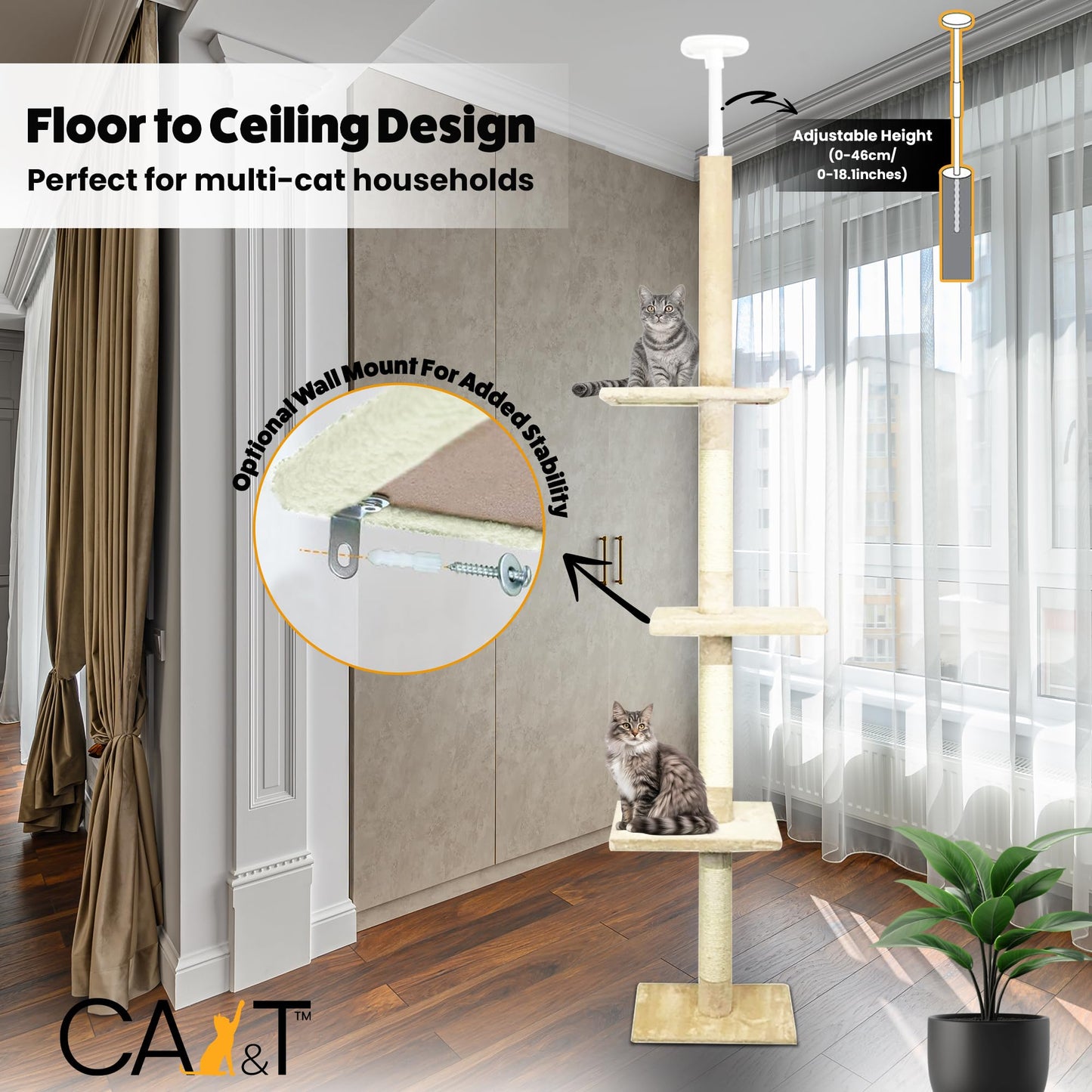CA&T Luxury Floor to Ceiling Cat Tree | Height Adjustable Cat Climbing Tower with Scratch Post | Cat Towers for Indoor Cats with Multiple Levels &