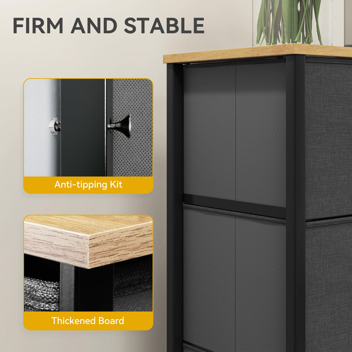 DWVO Chest of Drawers, 4 Fabric Drawers Bedroom Cabinet,Dresser for Bedroom,Living Room With Handles,Wood Top and Sturdy Steel Frame, Dark Grey