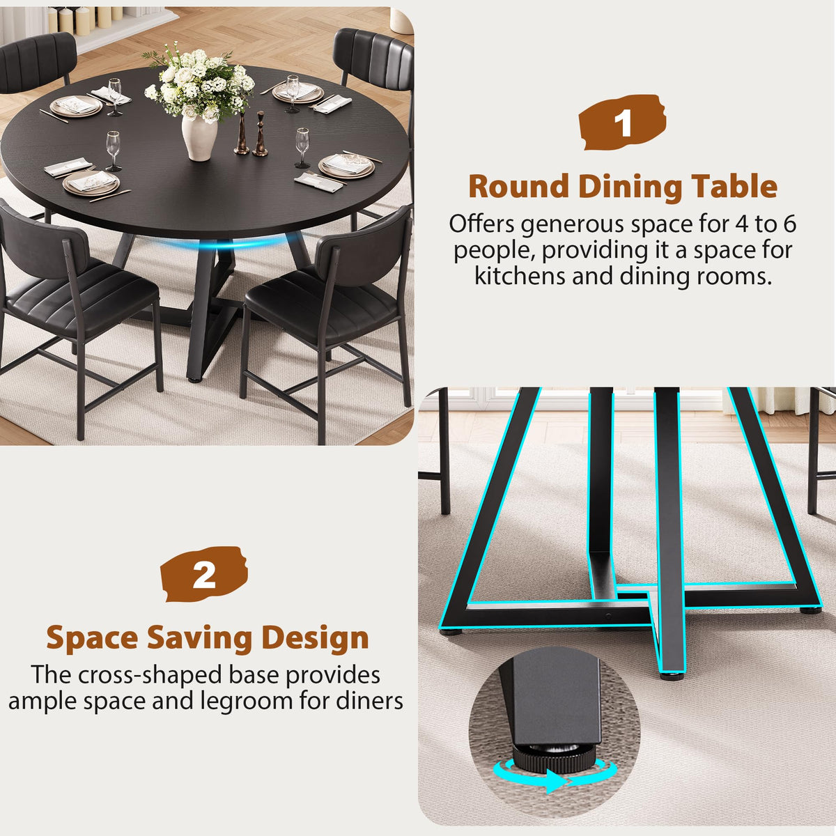 Jocoevol Round Dining Table and 4 Chairs Set of 4, Circle Dinner Table with Metal Frame, Space Saving Wood Industrial Furniture (Black, 42 inch)