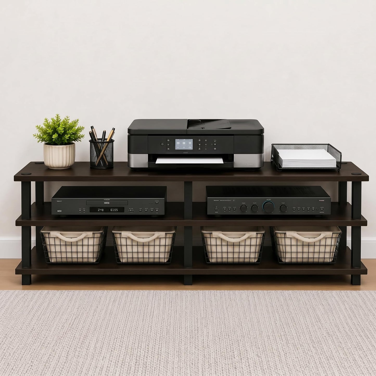 Furinno TURN-S-TUBE TV Stand, 3-Tier No Tools Entertainment Center, TV Console for TV up to 46 Inch, for Living Room, Bedroom, Dark Brown