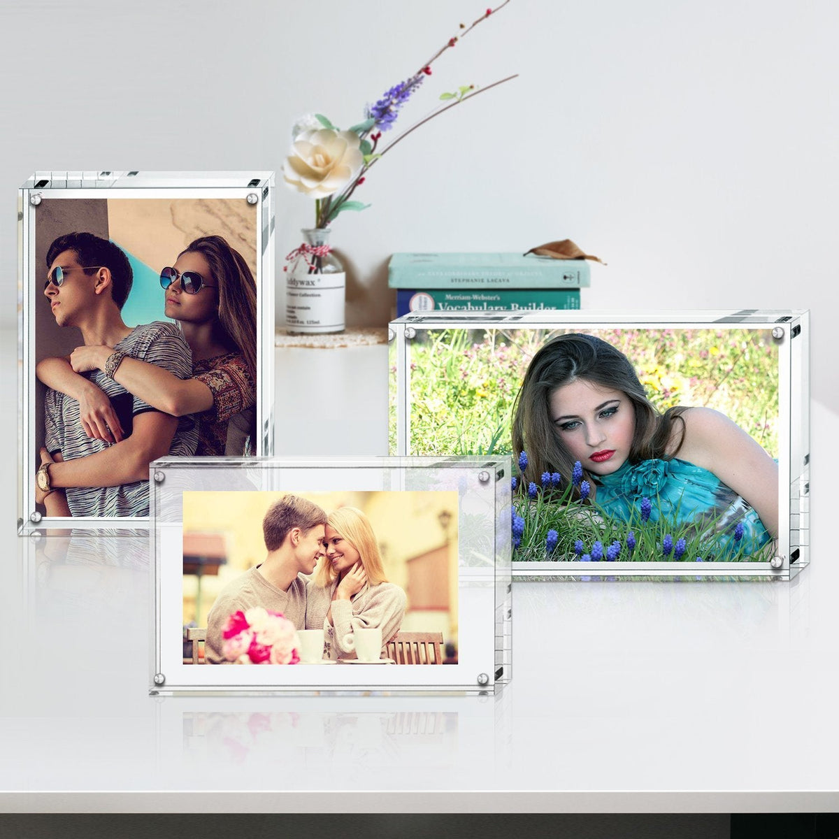 Boxalls Acrylic Photo Frame 15 x 20 cm (6 x 8 inch)-Set of 5, Double Sided Picture Frame with Magnetic, Clear Frameless Desktop Photo Block