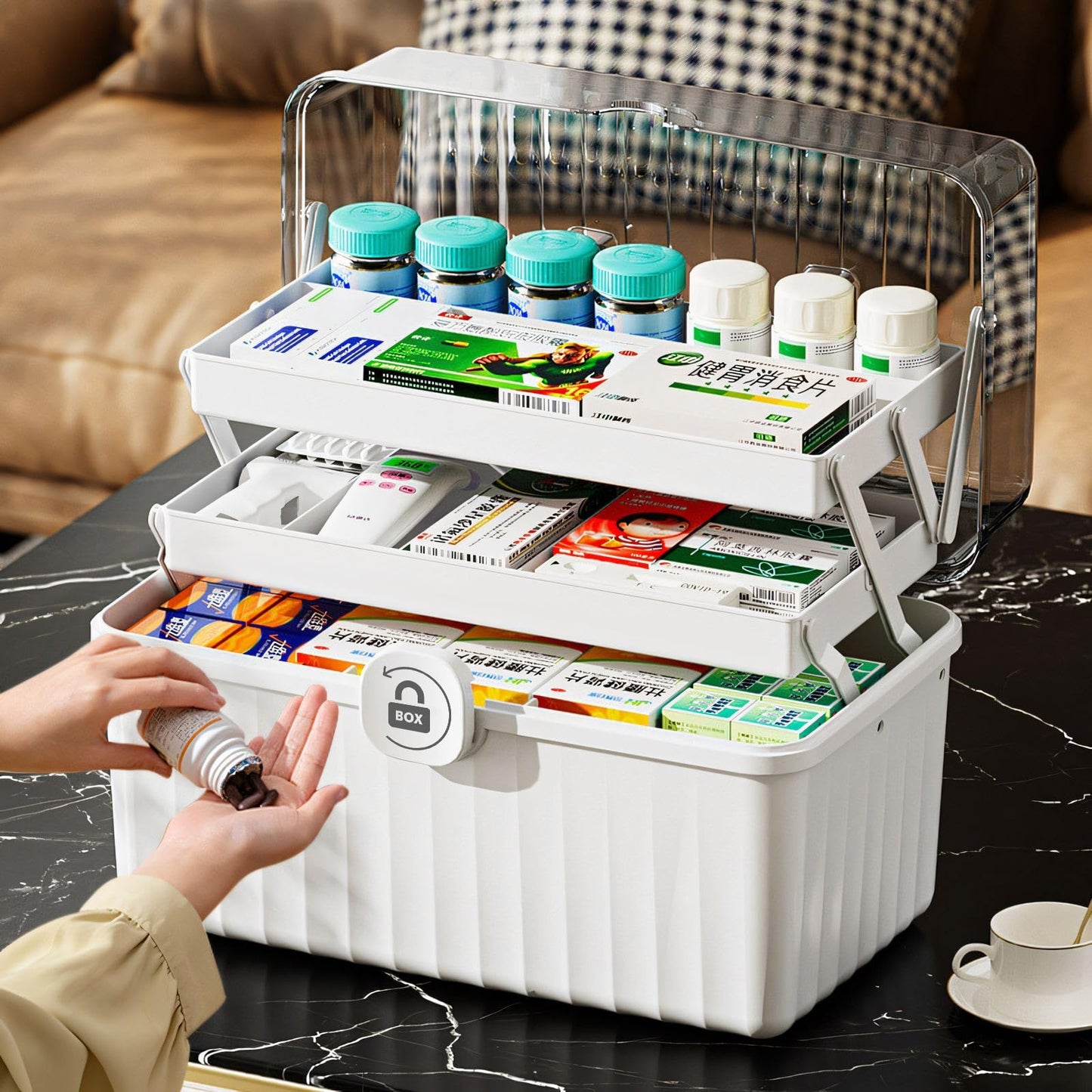 Gemsaya 3 Layer Medicine Storage Box, Portable First Aid Box Empty with Handle, White Portable Medicine Boxes Organiser with Lid, Large Home