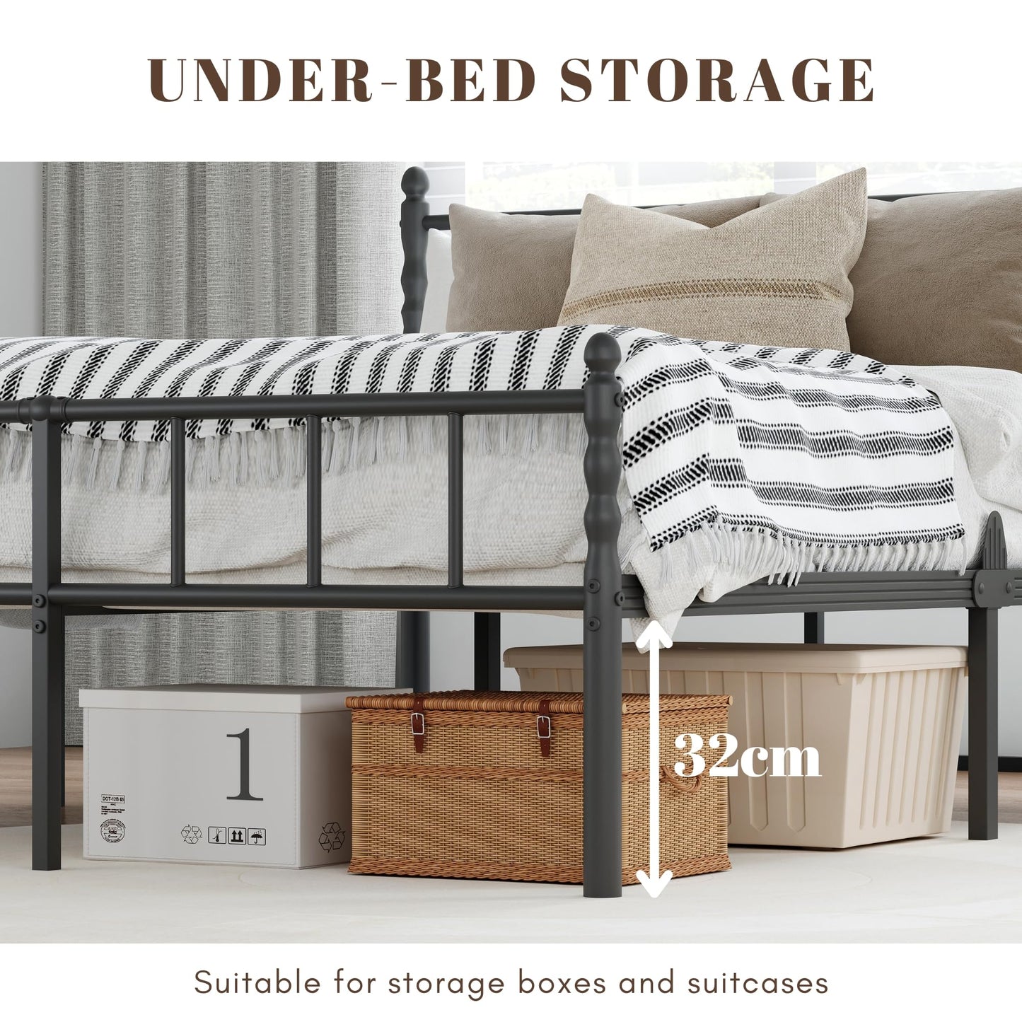 Hunlostten Double Metal Bed Frame - Modern Style Bed Frame with Headboard and Footboard Easy to Install, Noise Free, Sturdy, Black, 35.5 cm High