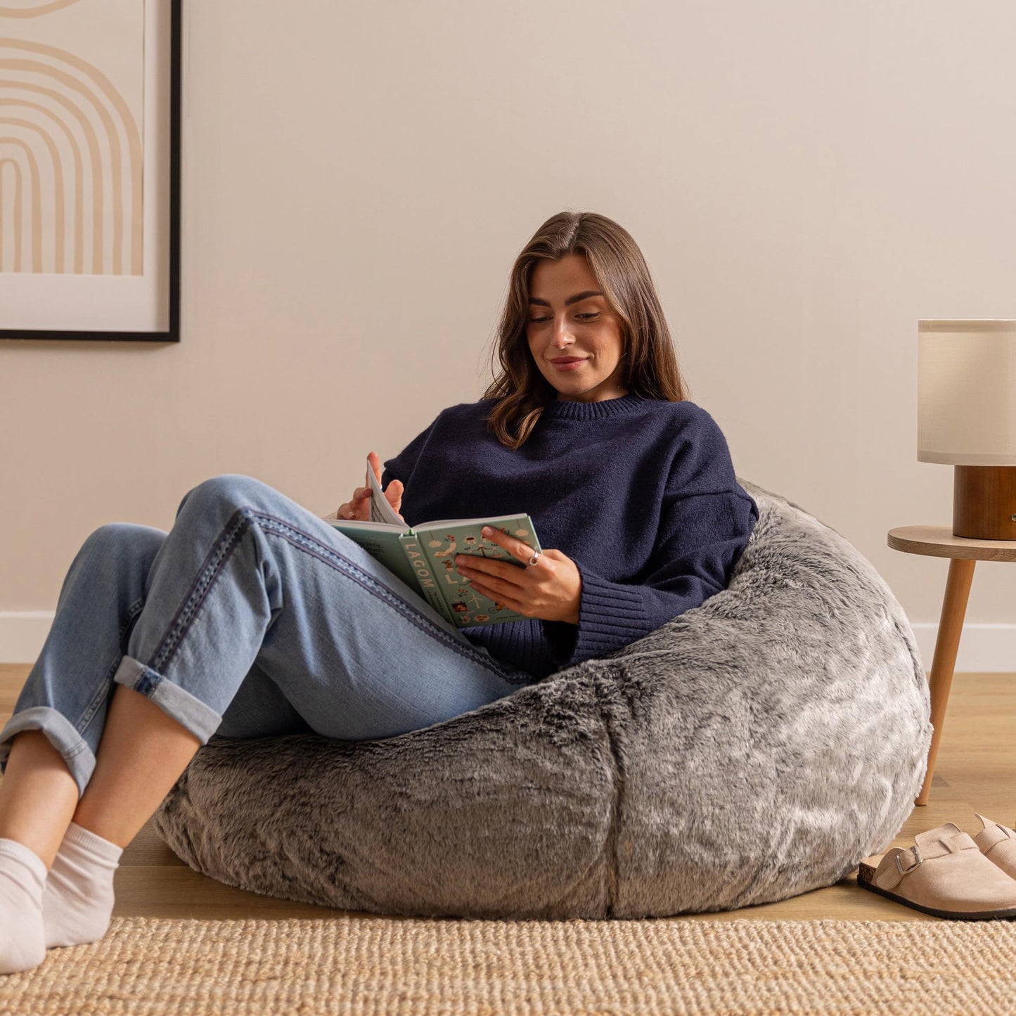 icon Kingston Faux Fur Fluffy Bean Bag with Filling Included, Grey