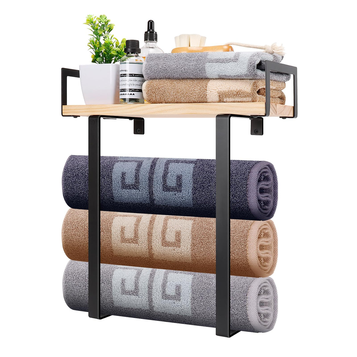 NearMoon Towel Rack with Wooden Shelf, All Metal Rustproof Towel Organizer Holder for Bathroom Storage, Wall Mounted (1 Pack, Matte Black)