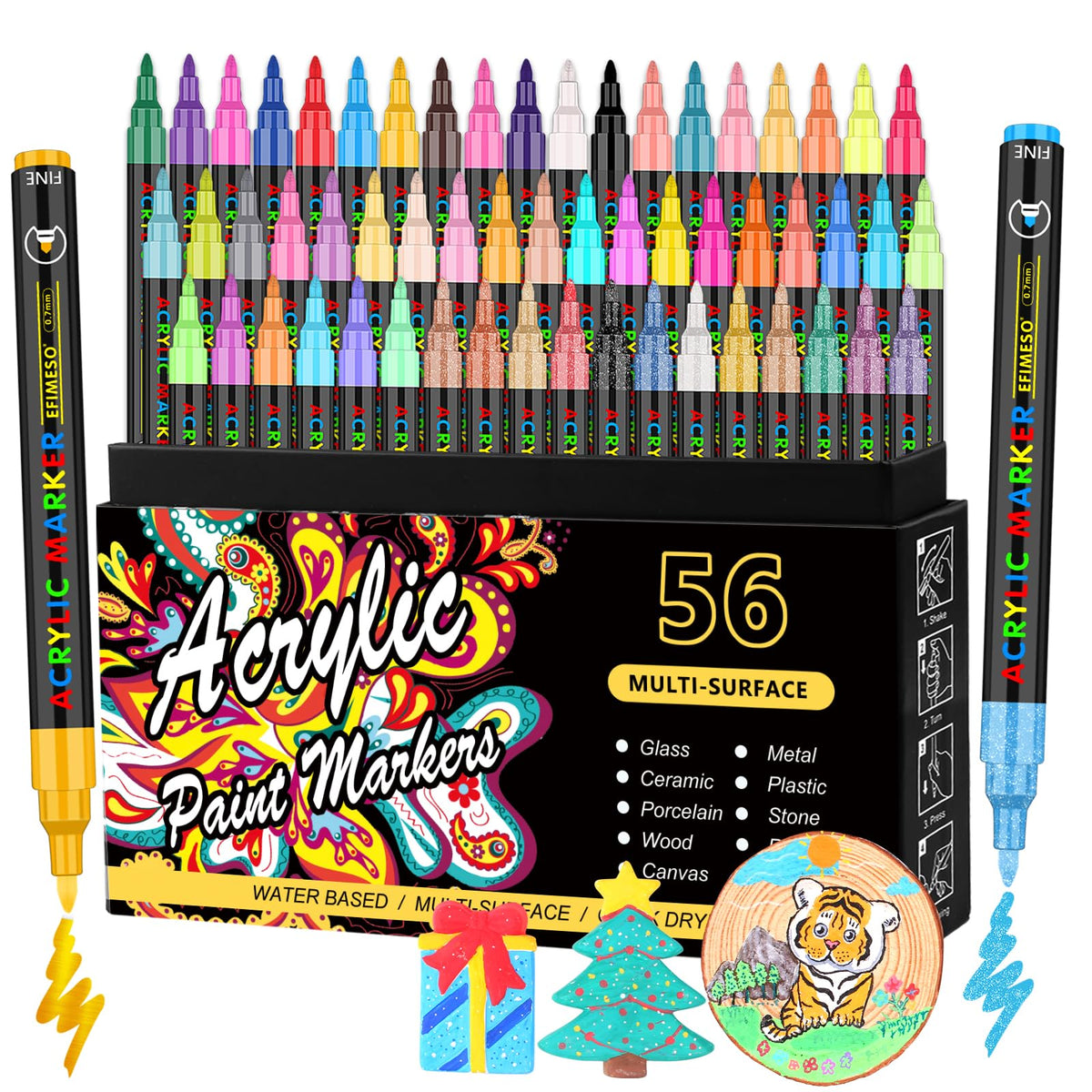 Efimeso Acrylic Paint Pens Set of 56 for Rocks Painting Ceramic Stone Glass Wood Metal, 0.7mm Extra Fine Tip Water Based Markers
