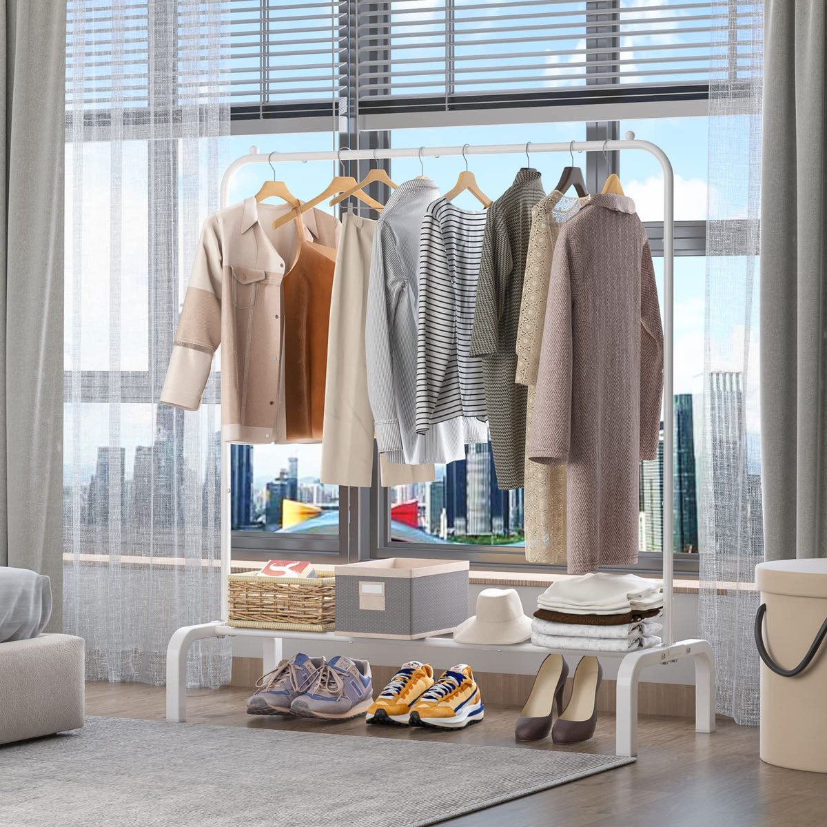 OTROUWORHT BYUAIRY Clothes Rack Metal Clothing Rack with Bottom Shelf Garment Rack for Hanging Clothes Shirts Jeans and Coats White