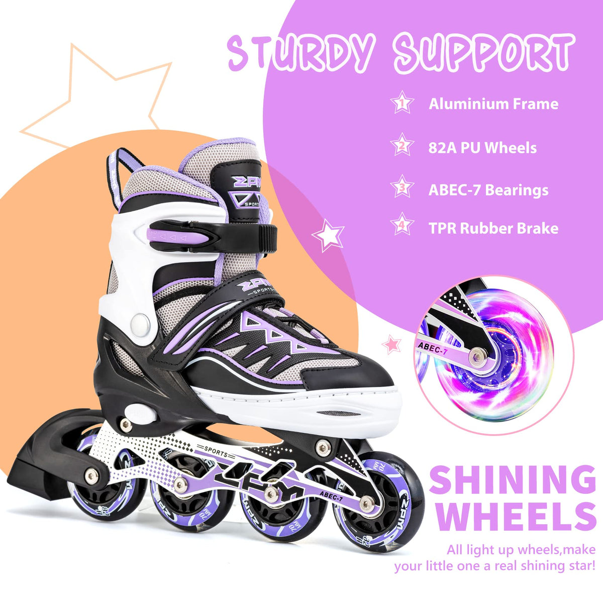 2pm Sports Adjustable Light up Inline Skates, Stylish Design Beginner Roller Skates for Boys and Girls - Purple Large