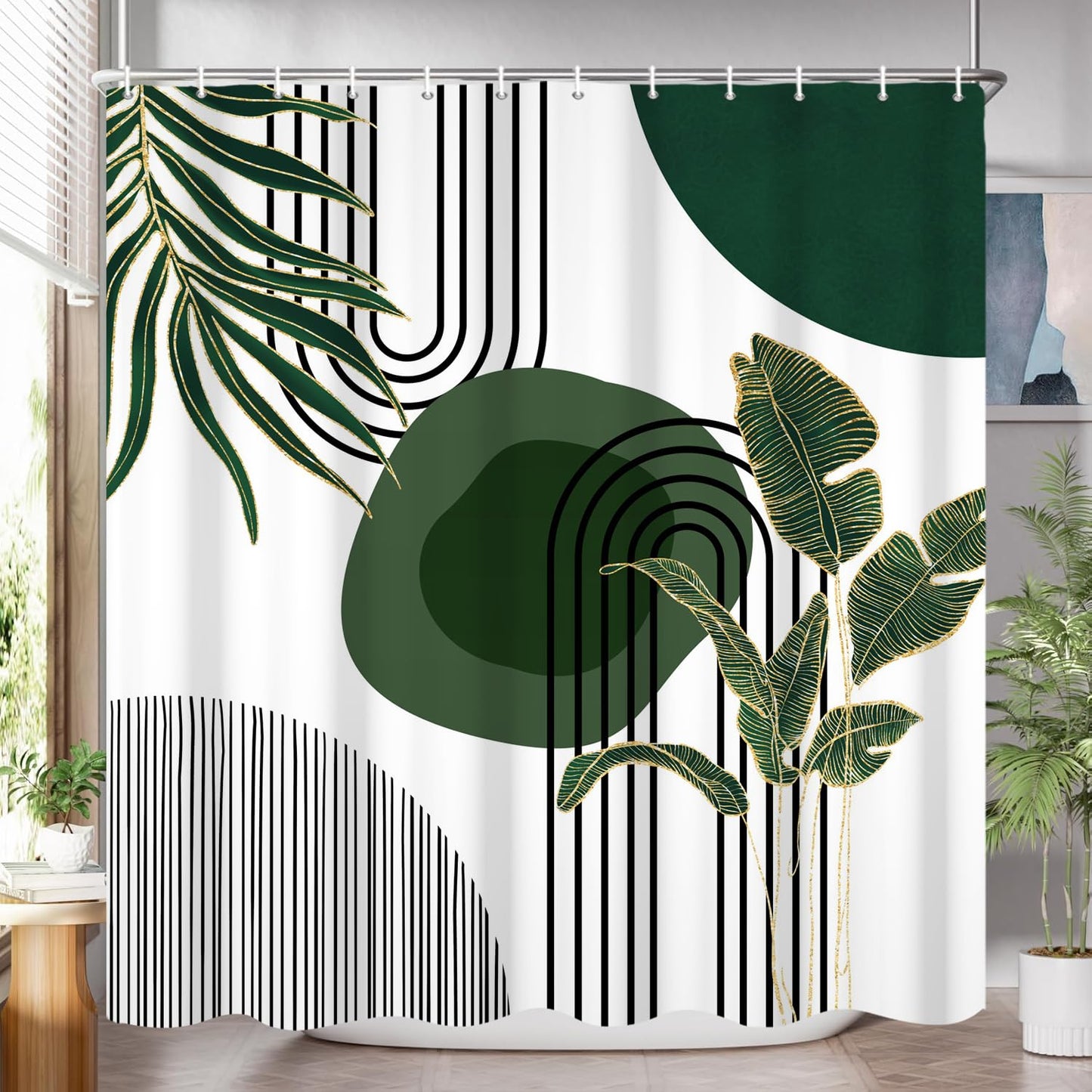 GCIREC Shower Curtain, 180x200cm, Dark Green Boho Mid Century Modern Abstract with Minimalist Leaf Waterproof Fabric Machine Washable Bathroom