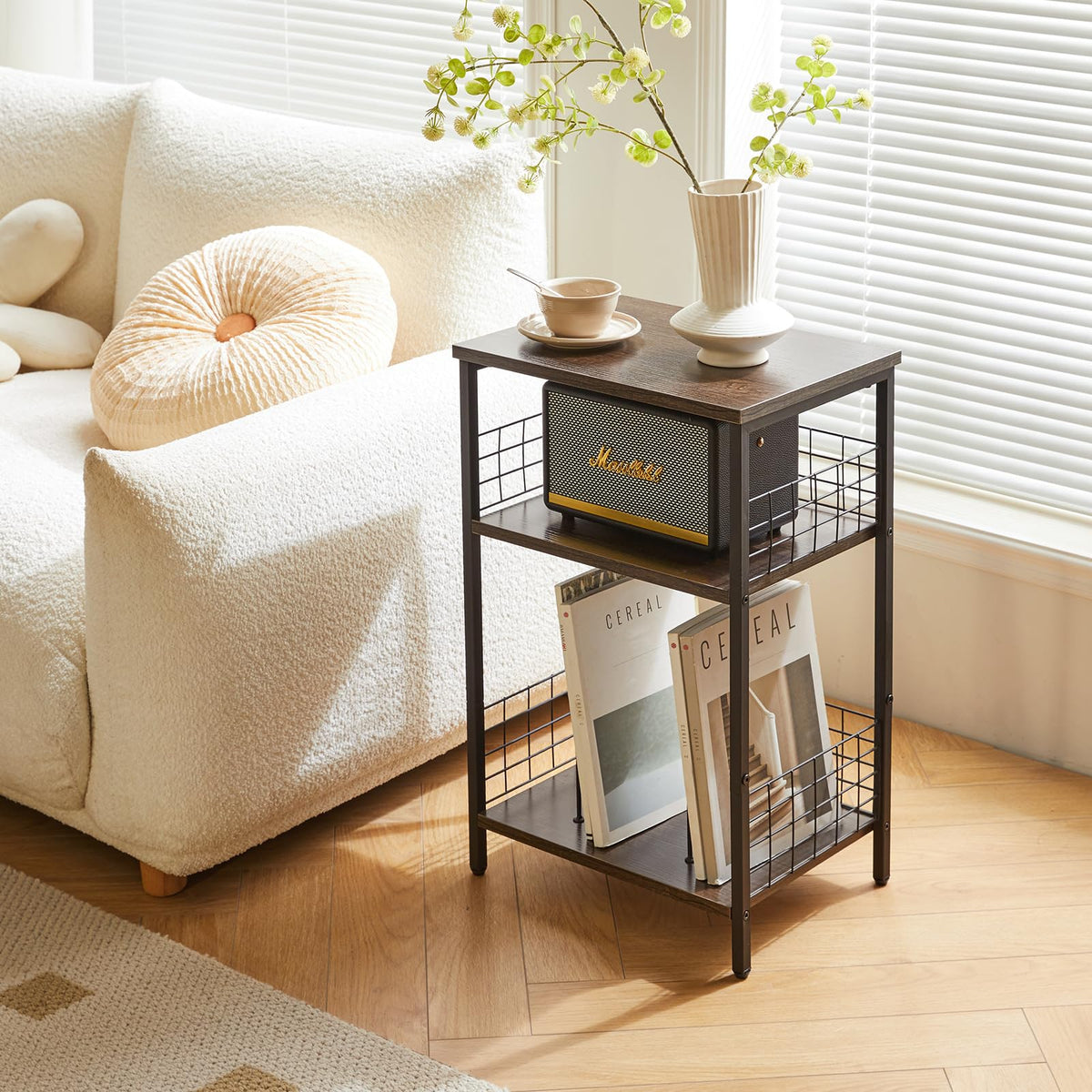 YMYNY 3 Tier End Table, Record Player Stand with Storage, Industrial Tall Side Table, Small Bookshelf, Bookcase, Display Rack, Telephone Table for