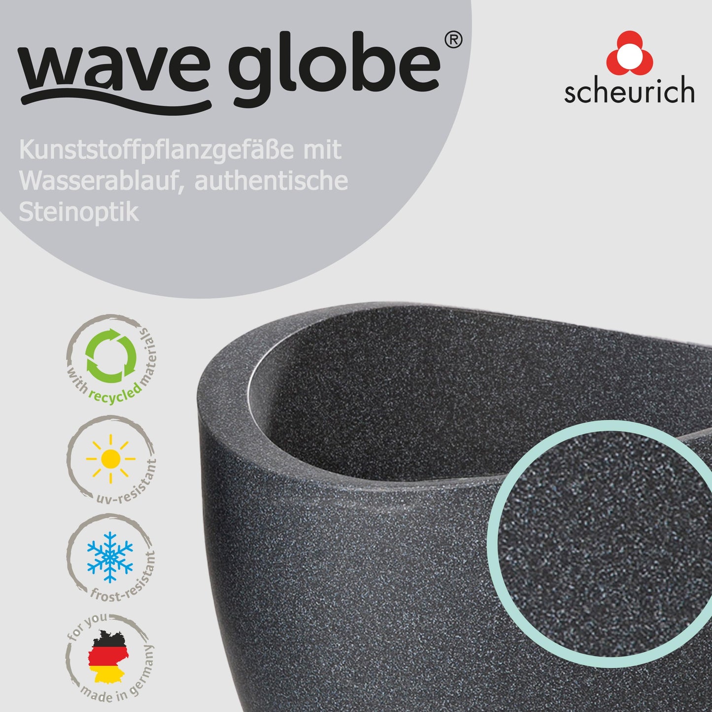 Scheurich Wave Globe, Planter made of Plastic, Black-Granite, 50 cm diameter, 37 cm height, 37 l Vol.