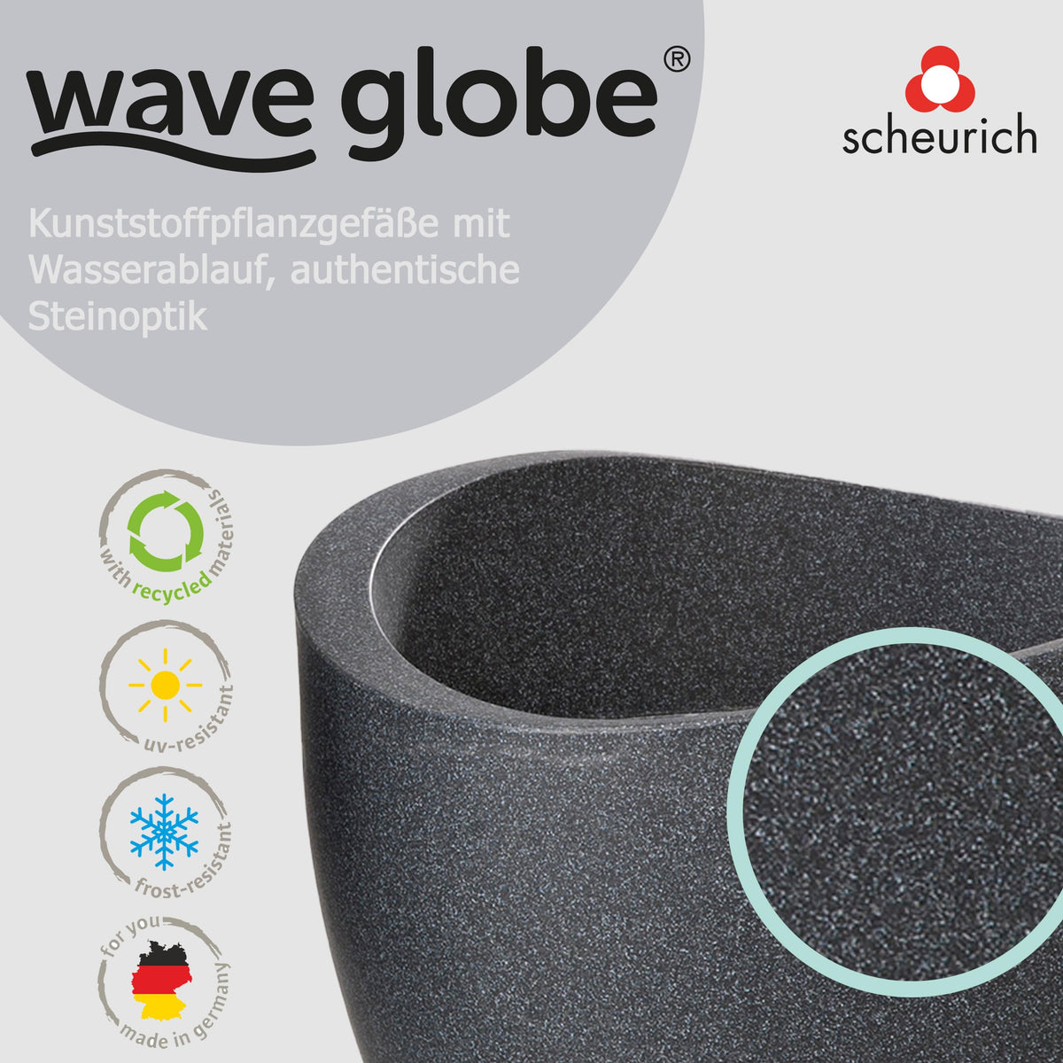 Scheurich Wave Globe, Planter made of Plastic, Black-Granite, 40 cm diameter, 30 cm height, 19 l Vol.