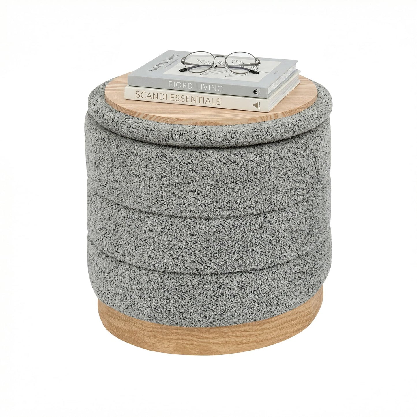 PINPLUS Round Chenille Storage Ottoman, Tray Top, 39x39x37 cm, Grey