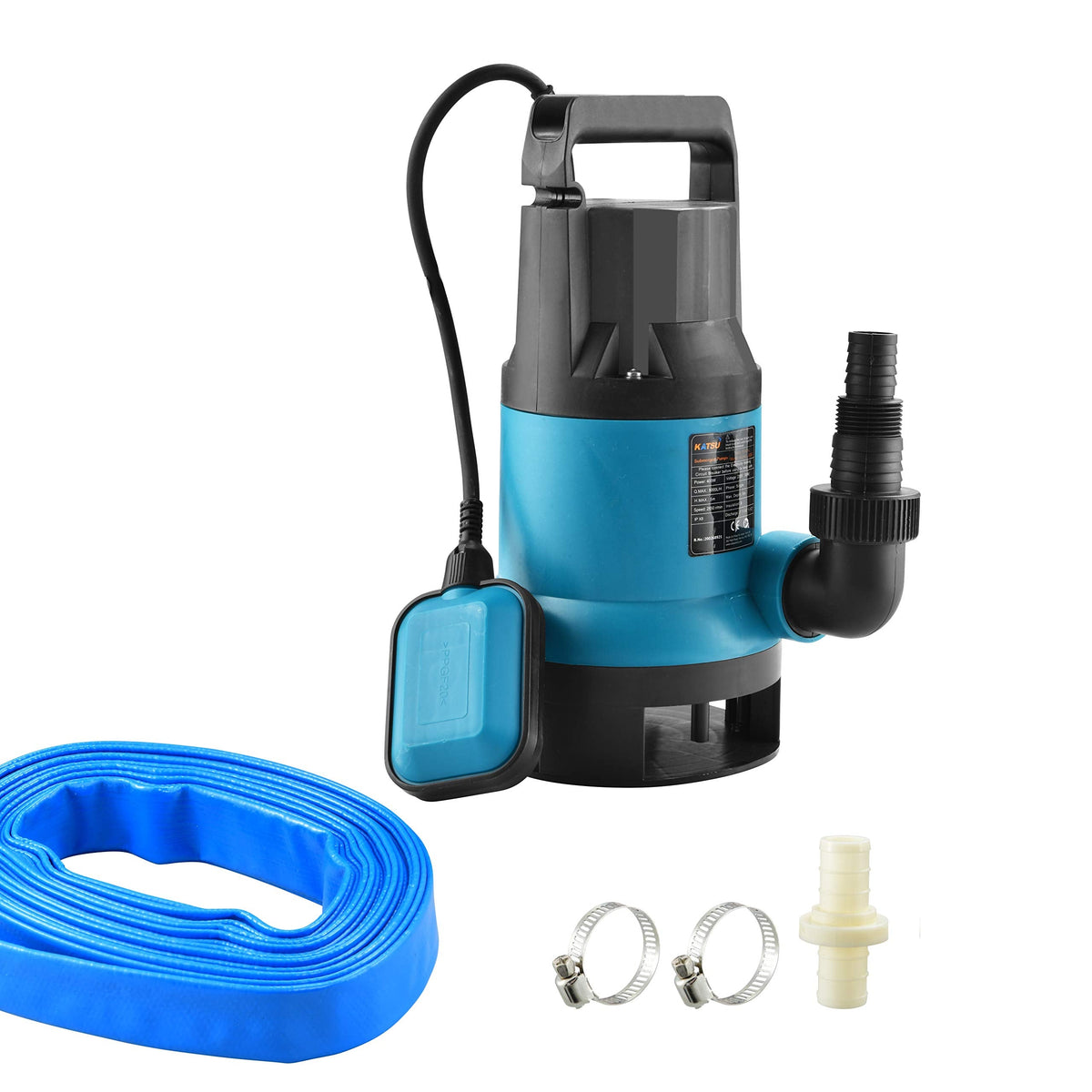KATSU 400W Portable Submersible Pump for Clean and Dirty Water 8000L/h for Garden Pond, Pools, Ditches + 10m 1" PVC Hose + Quick Coupler Connector +