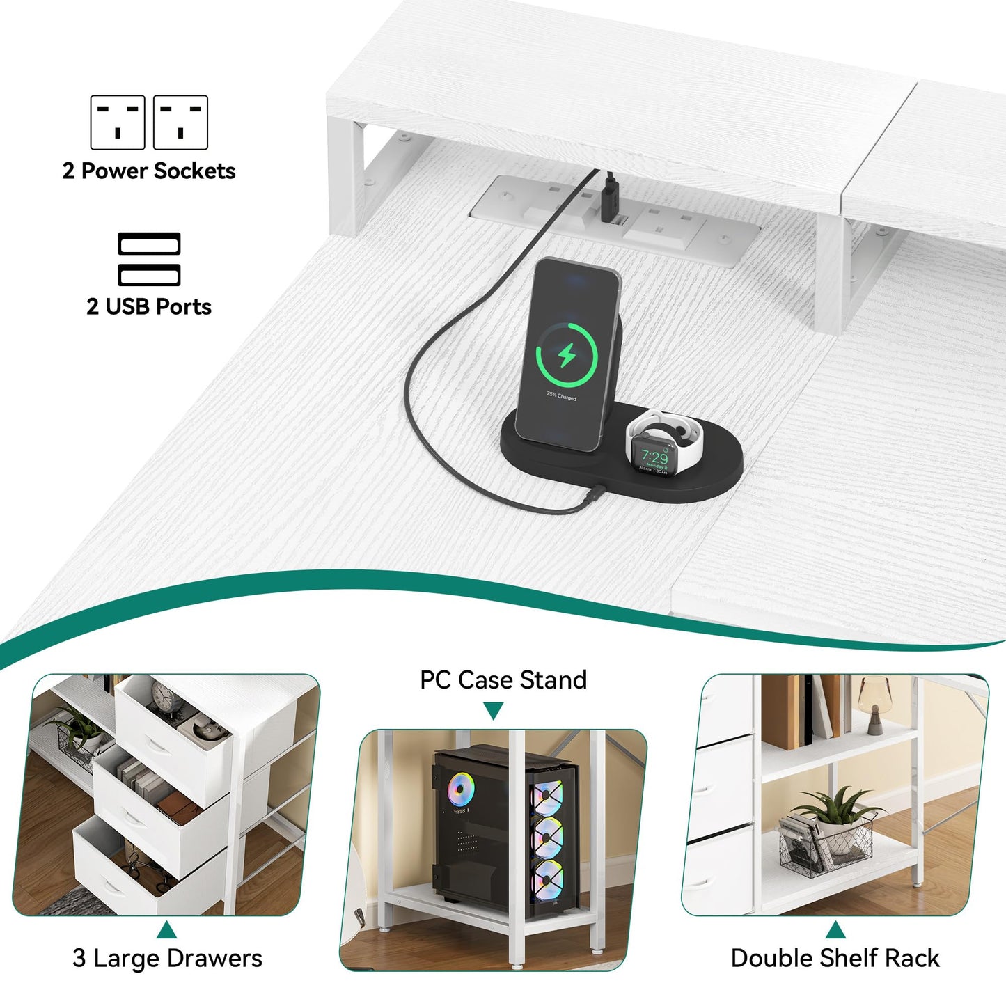 YITAHOME L Shaped Computer Desk with Drawers Power Outlet 140cm White