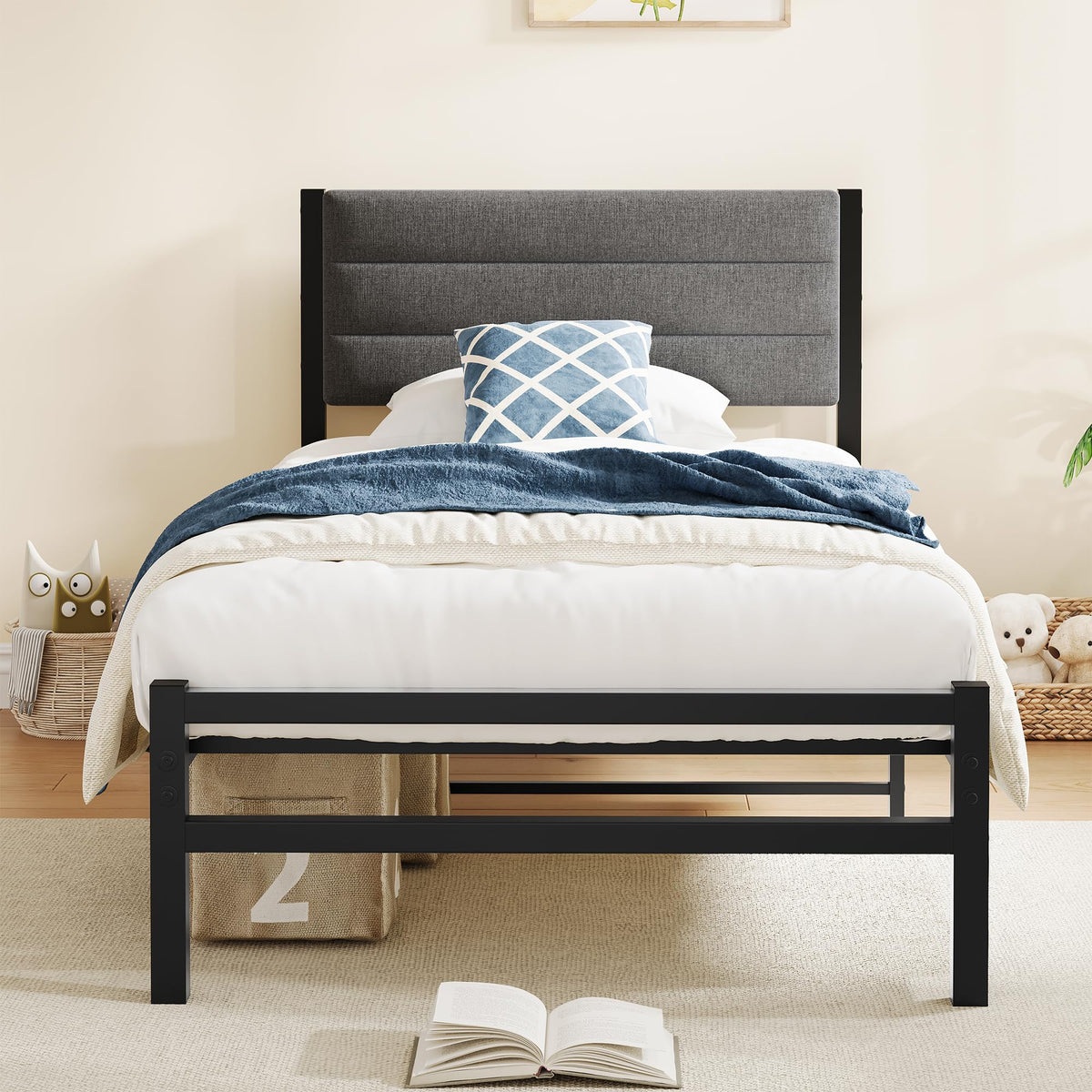 Diahomy Single Bed Frame with Storage, 3ft Upholstered Bed Frame Platform Bed/No Box Spring Needed/Mattress Foundation/Strong Steel Slat Support/Under