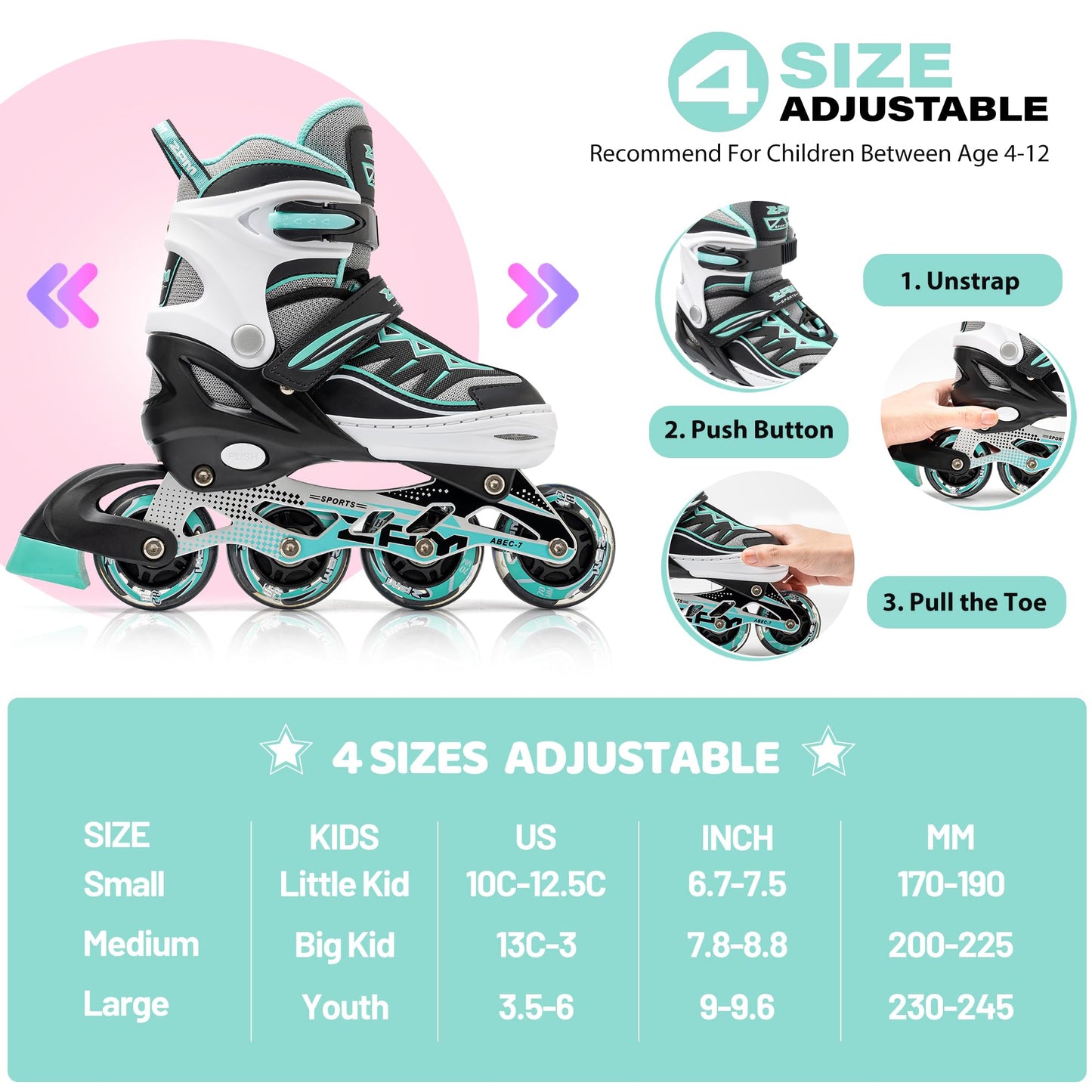 2pm Sports Adjustable Light up Inline Skates, Stylish Design Beginner Roller Skates for Boys and Girls - Mint Small
