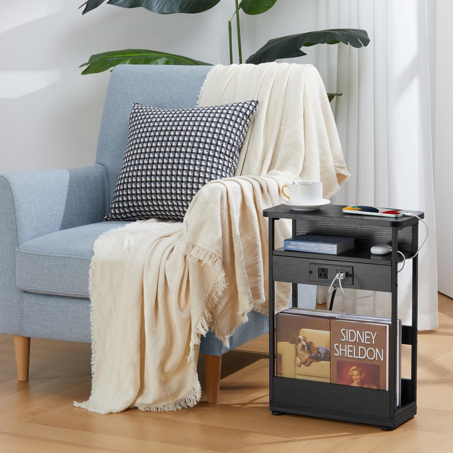 YEAKOO Narrow Side Table with Charging Station, 3-Tier End Table with 2 USB Ports & Power Outlets,Thin Sofa Side Table for Narrow and Small Spaces,