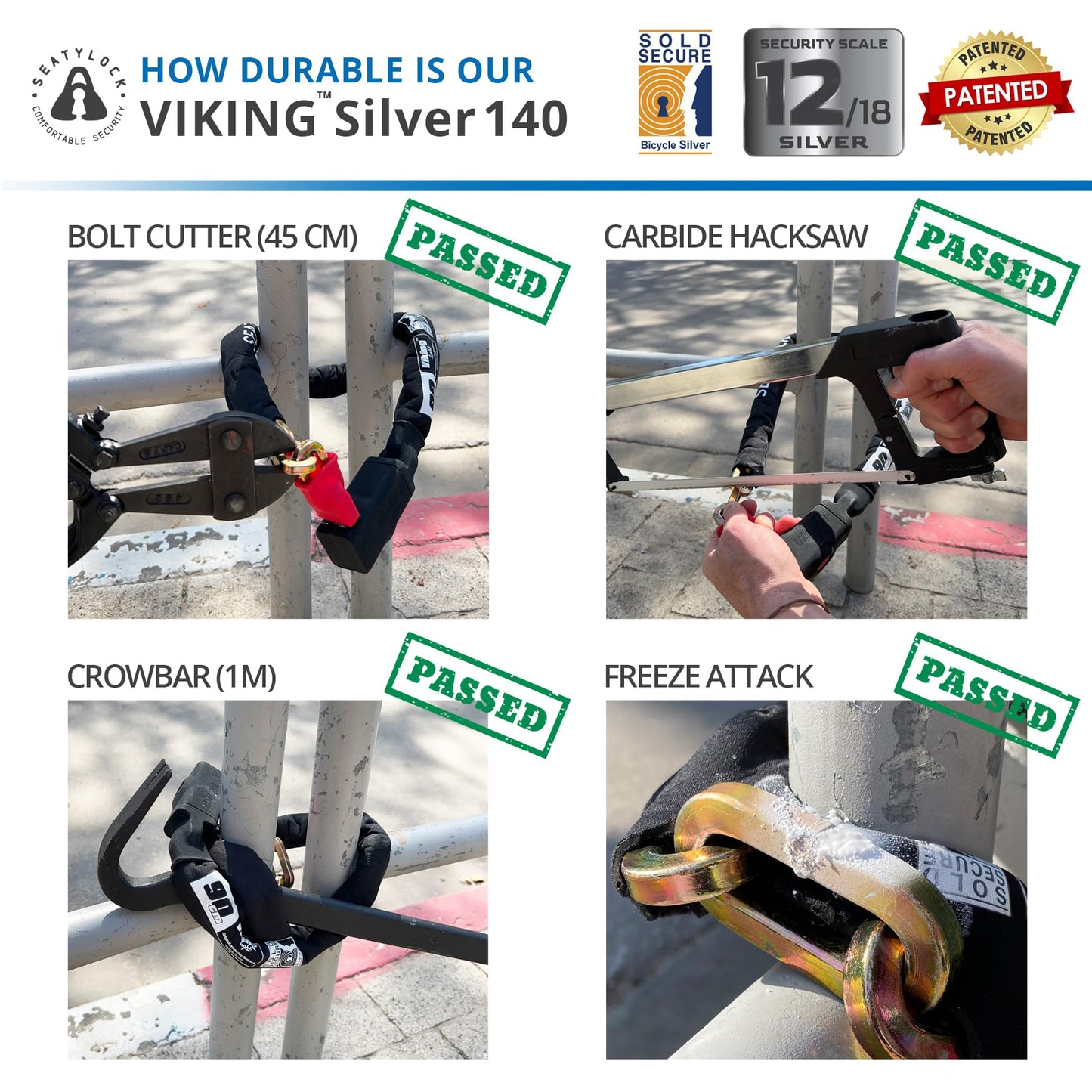 Seatylock Viking Bike Chain Lock with Key - Magnetic Patented Sold Secure Silver Rated - Heavy Duty Anti Theft - Smart Ultra Security Bicycle Lock
