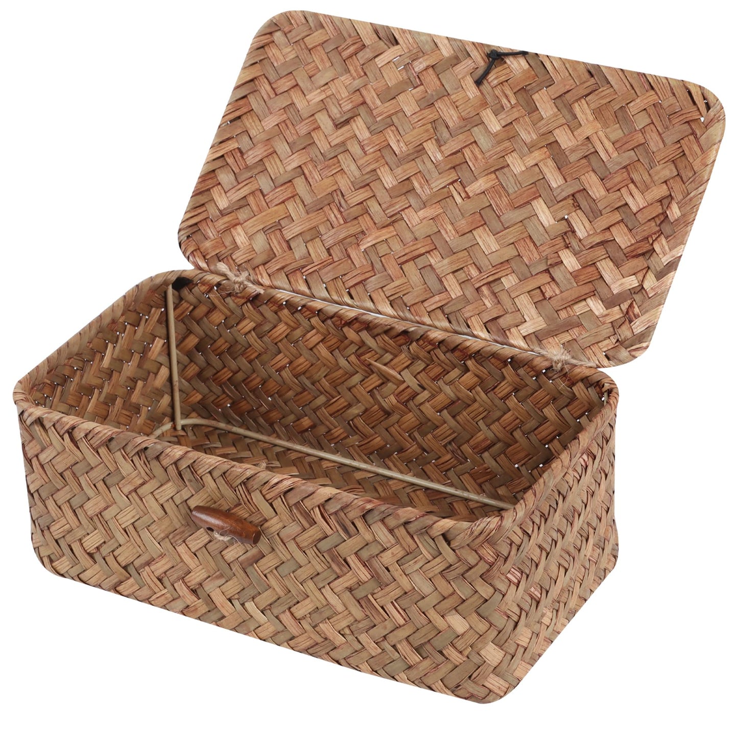 FEIALNDUO Wicker Shelf Baskets with Lid,Seagrass Storage Basket Bins Rectangular Handwoven Basket Boxes for Shelves Desktop Home Organizer