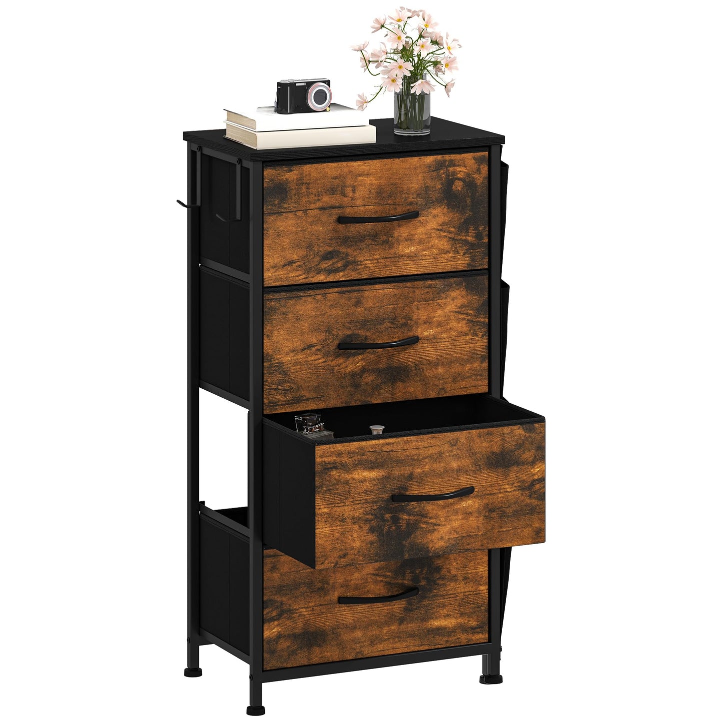 DWVO Narrow Chest of Drawers with 4 Drawers, Fabric Chest Drawers with Side Pocket&Hooks,Easy Pull Handle,Sturdy Steel Frame for Bedroom,Living