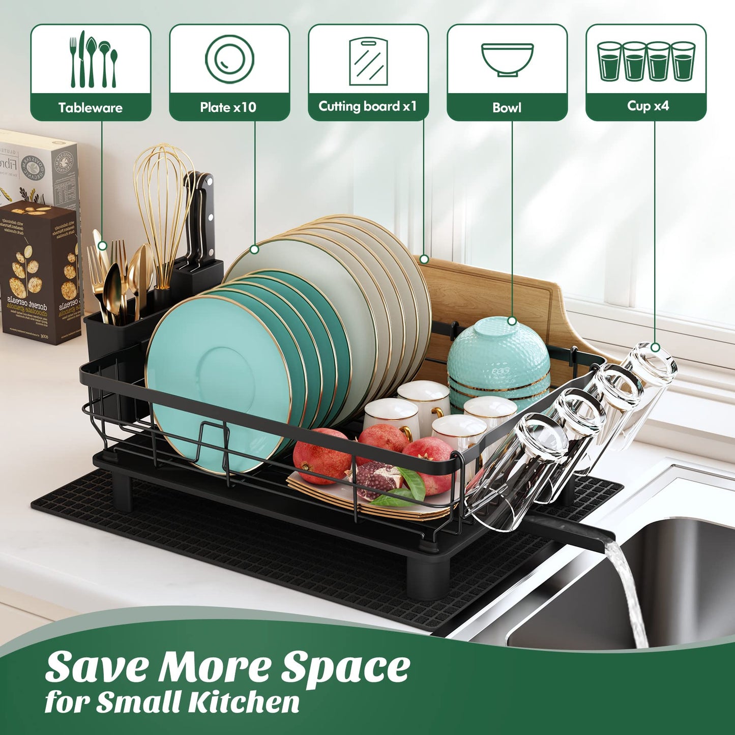 MAJALiS Dish Drainer Rack with Drip Tray, Dish Drainer with 360 Swivel Spout and Drainer Mat, Stainless Steel Dish Rack with Cup Holder and Cutting