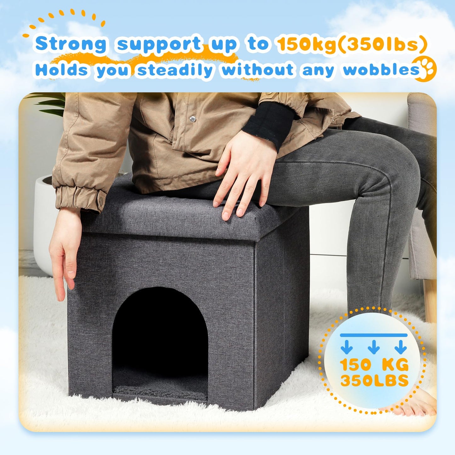 Bonlife Cat House Ottoman,Folding Cat Cave Beds for Indoor Cats,Winter Pet Kennel with Washable Pad,Footstool Seat with Lid,40x40x40cm,Grey