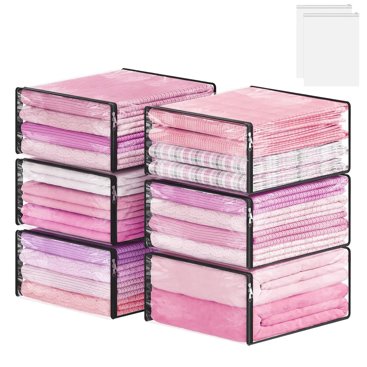 6 Pack Clear Storage Bags with Zips, 36L Foldable Clothes Storage Bags PVC Clothing & Wardrobe Storage Organiser Waterproof Loft Storage Bagsfor