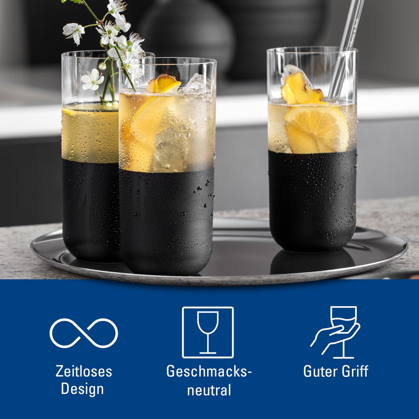 Villeroy & Boch  Manufacture Rock Long Drink Glass Set, 4 pces, Crystal Glass with matt Black Base, Capacity 300 ml