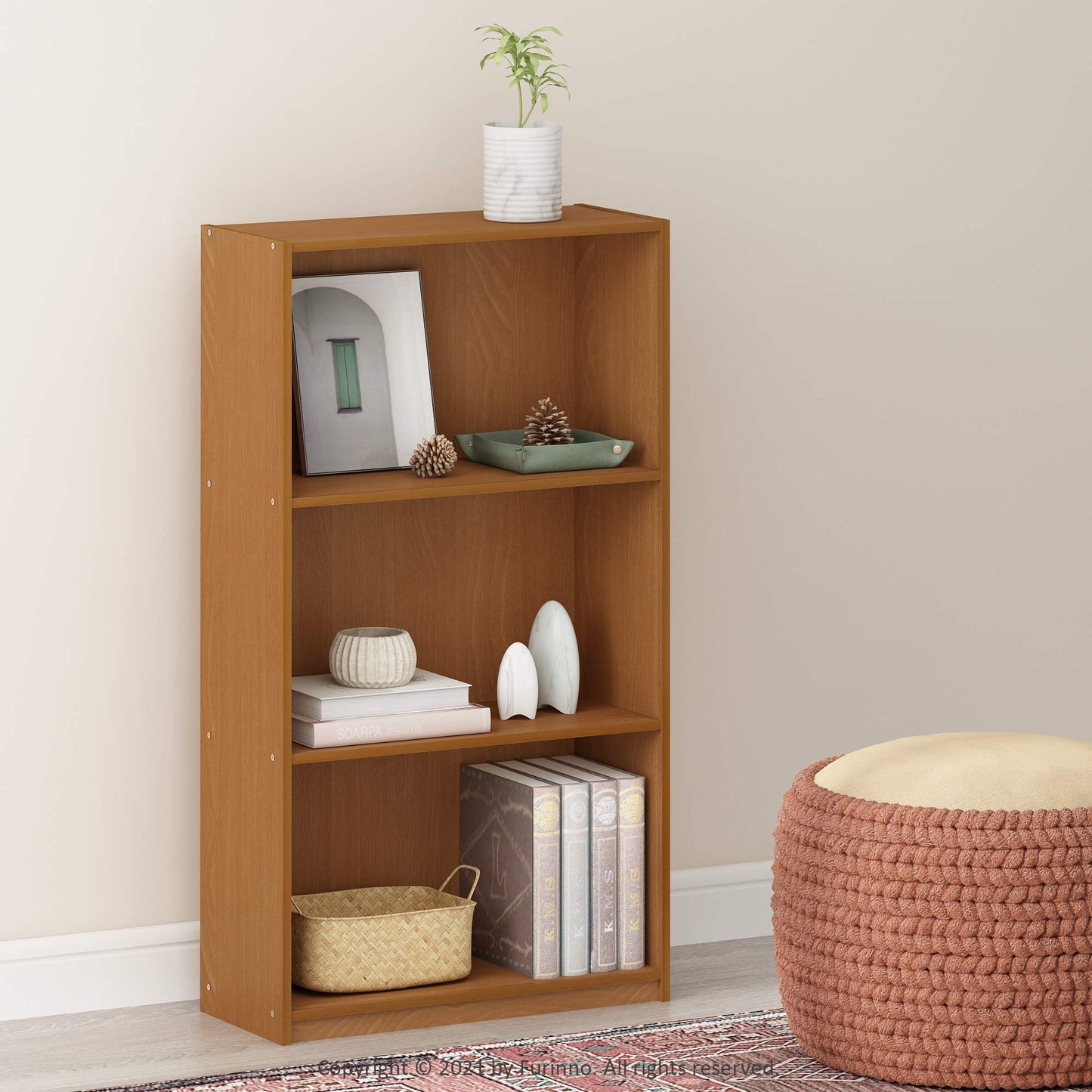 Furinno BASIC Book Shelf, 3-Tier Modern Bookshelf, Bookcase with Open Shelves, 9.3 x 21.8 x 39.5, for Living Room, Bedroom, Home Office, Natural Oak
