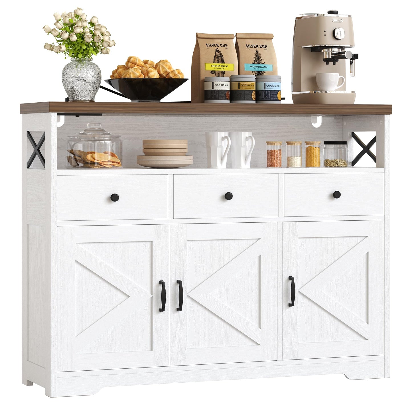 IRONCK Sideboard Kitchen Cabinet with Power Outlets, 107x35x95cm, White