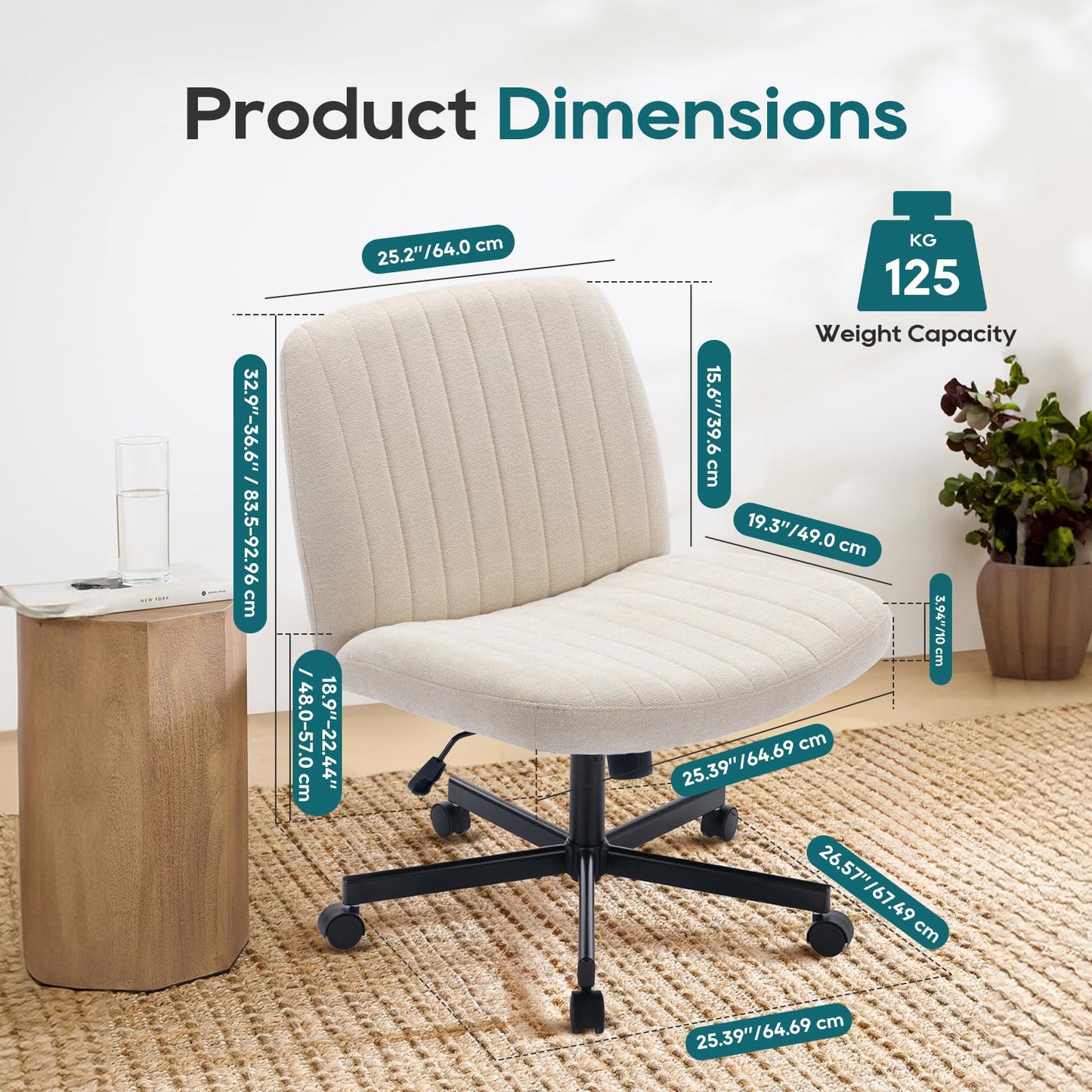 COLAMY Wide Office Chair, Padded Armless Task Vanity Chair Swivel Home Office 115°Rocking Mid Back Ergonomic Computer Chair for Home Working, Make Up