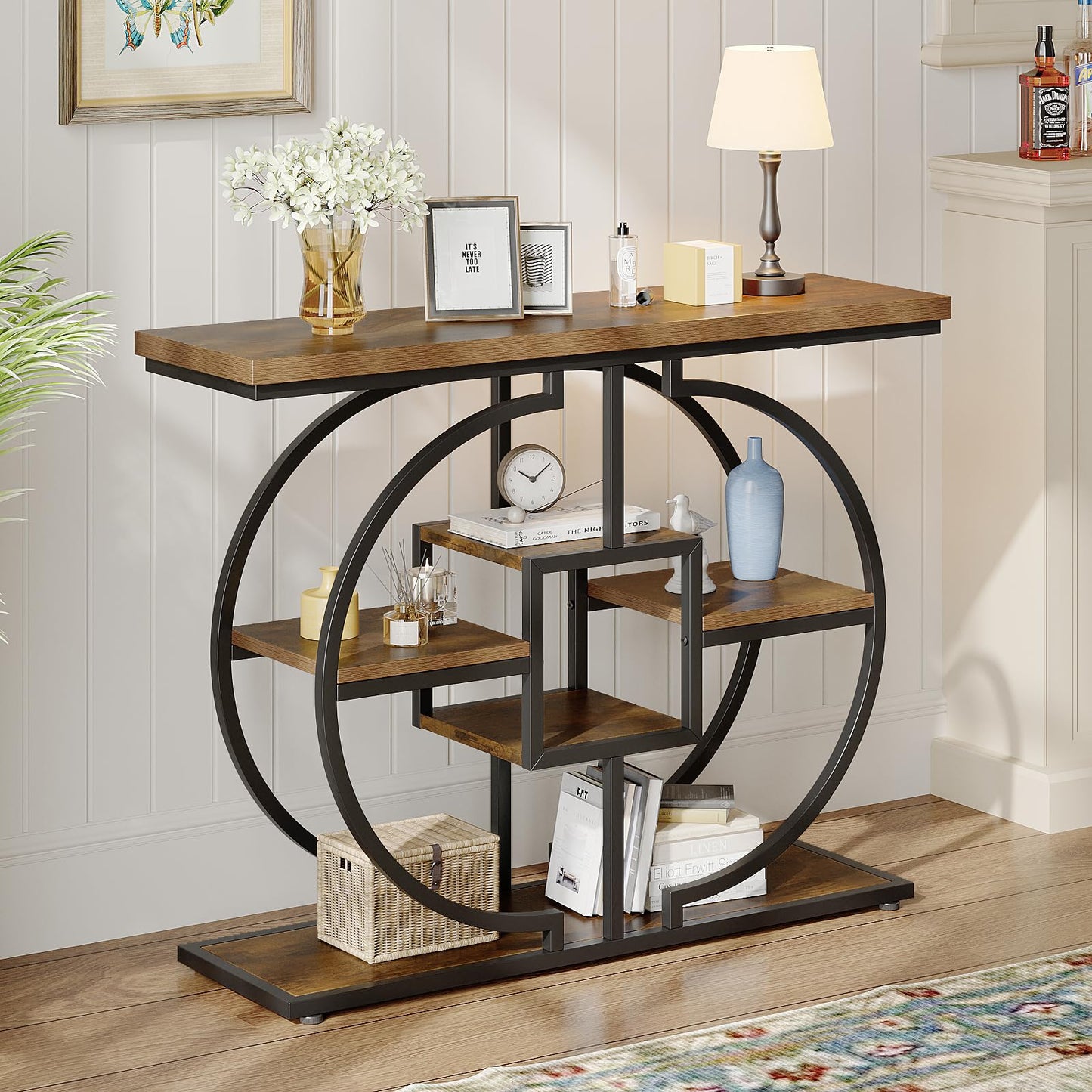 Trironsun Narrow Console Table for Hallway 4-Tier Rustic Sofa Table with Circle Metal Base Industrial Wooden Entryway Table with Storage Shelves for