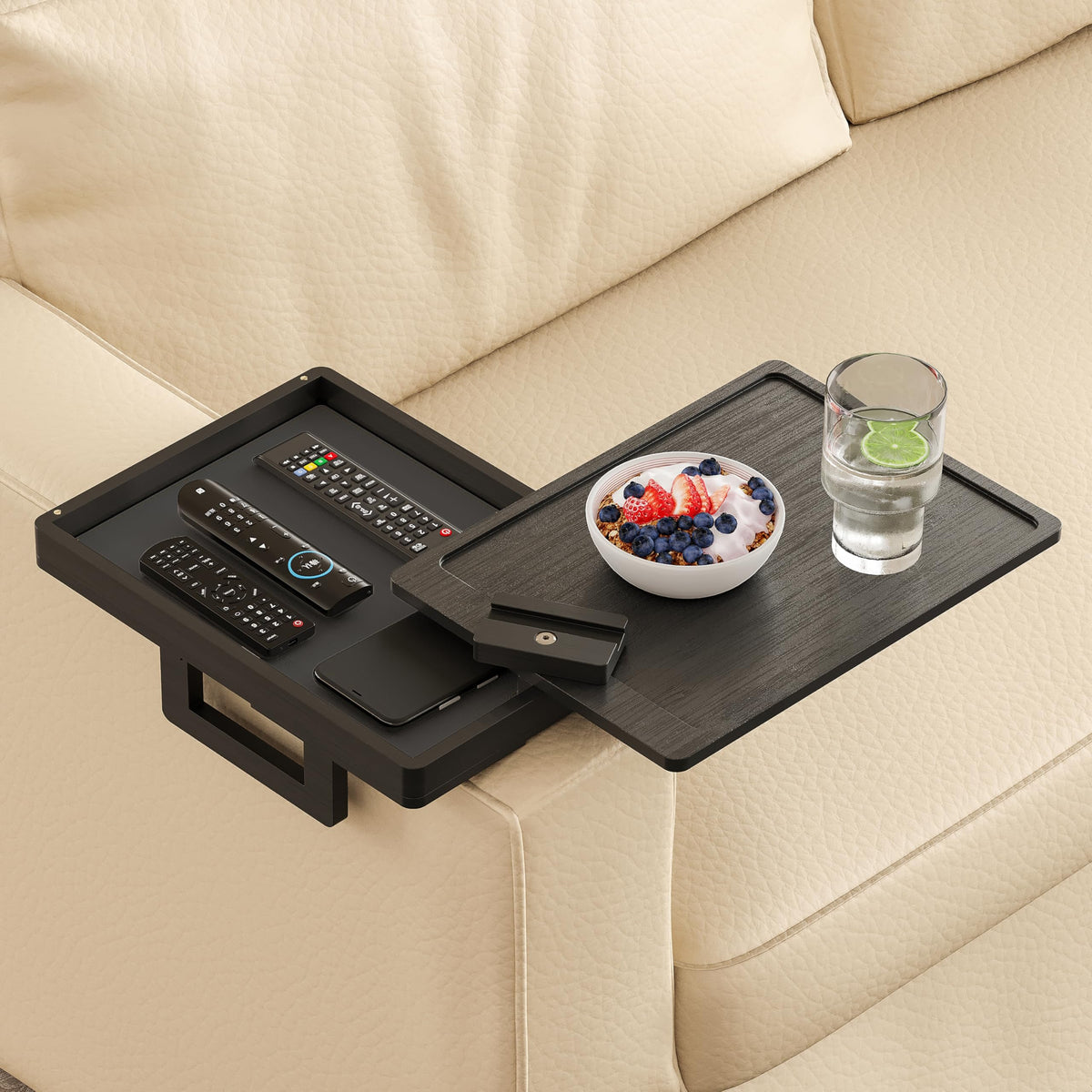 Wealone Black Couch Arm Tray for Wide Couch, Bamboo Sofa Arm Clip Table with Storage Box, Armrest Tray with 360°Rotating Phone Holder