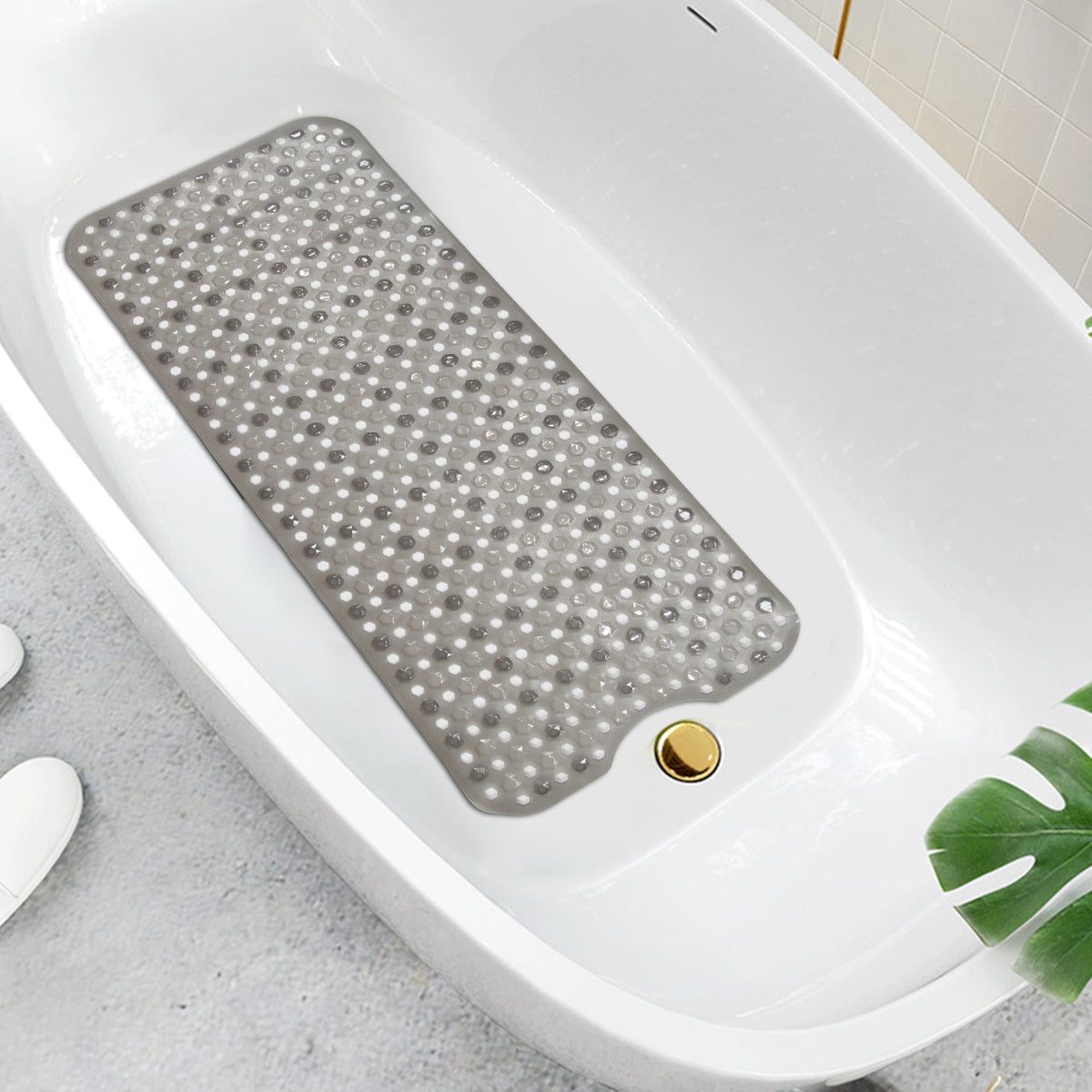 Non Slip Bath Mat and Shower Mat for Bathroom Extra Long Bathtub Mat with Strong Suckers and Drain Holes Machine Washable Mat - Grey - 40 x 100 cm