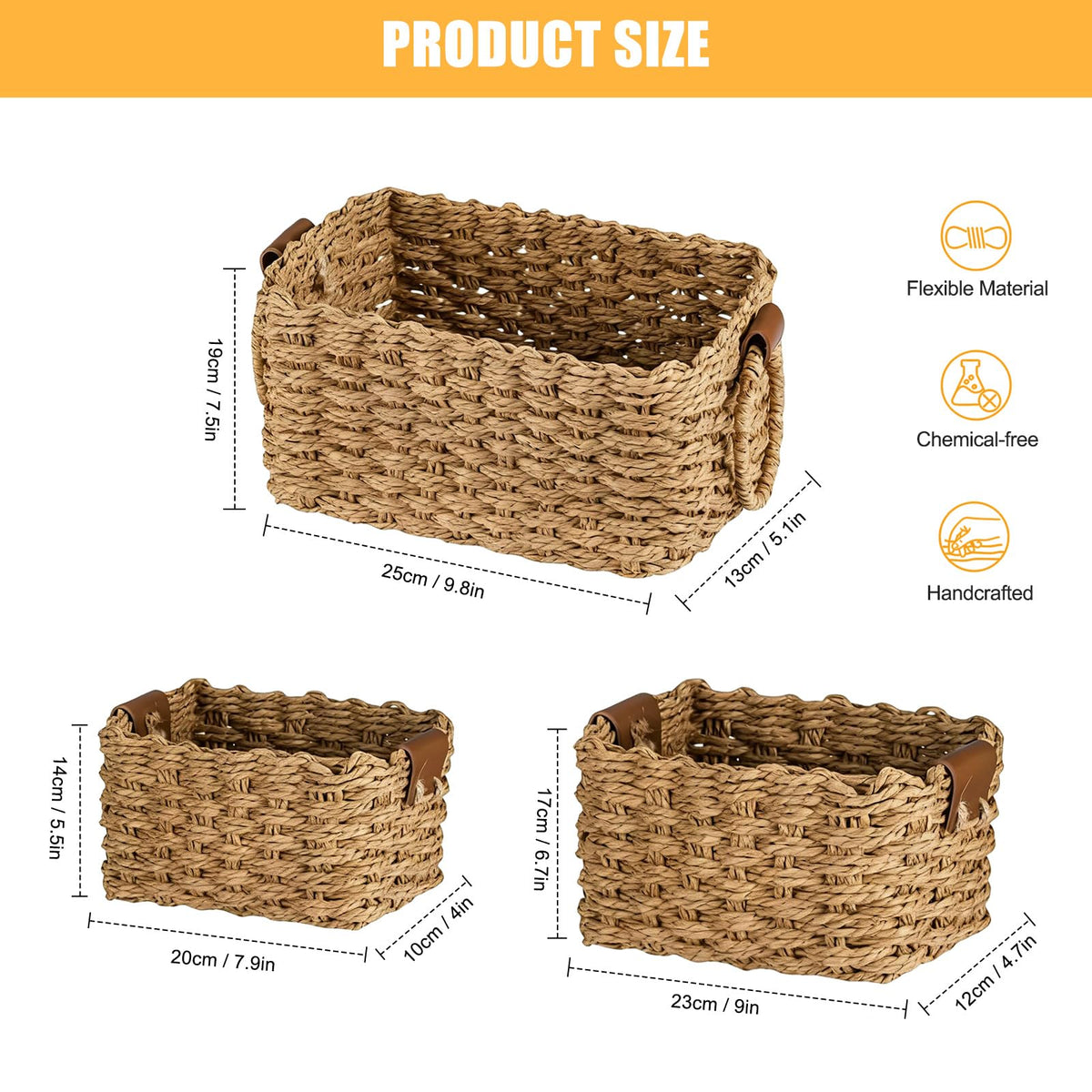 3 Set Woven Wicker Storage Baskets, Paper Rope Storage Boxes, Multifunctional Storage Baskets Empty, Decorative Bin Organizers