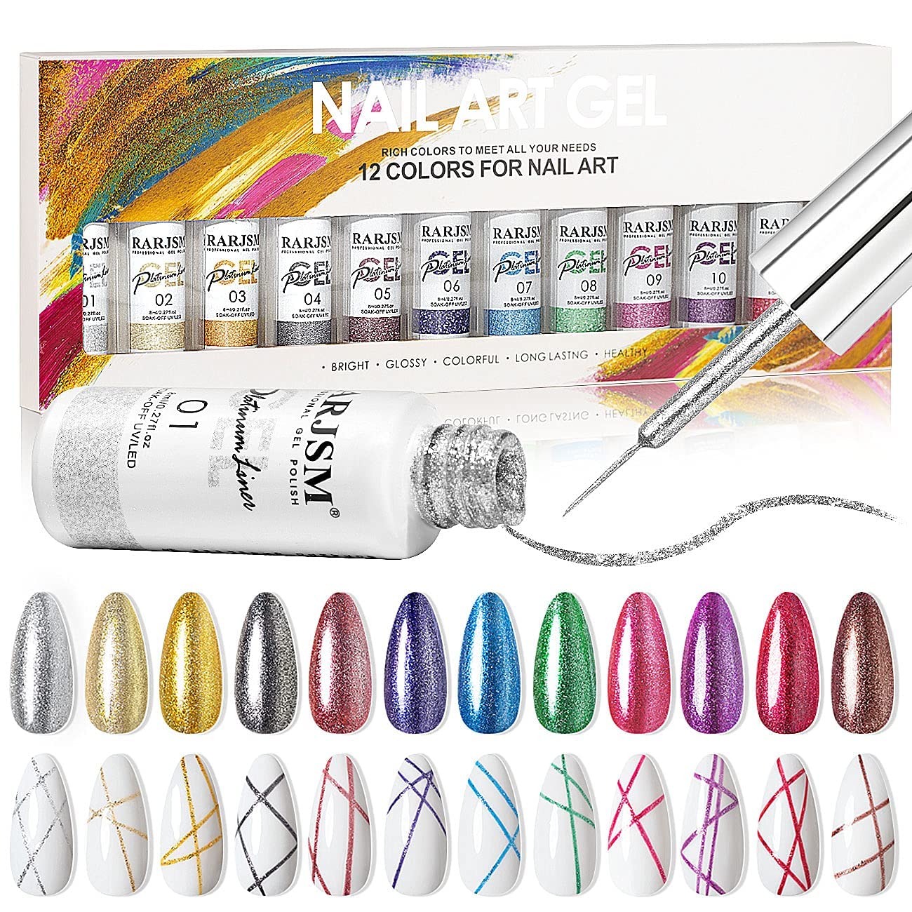 RARJSM Nail Art Gel,Platinum Liner Painted Gel Nail Polish Set,3D Line Gelpolish Set Painting Drawing UV LED 12 Colors Glitter Silver Gold Green Blue