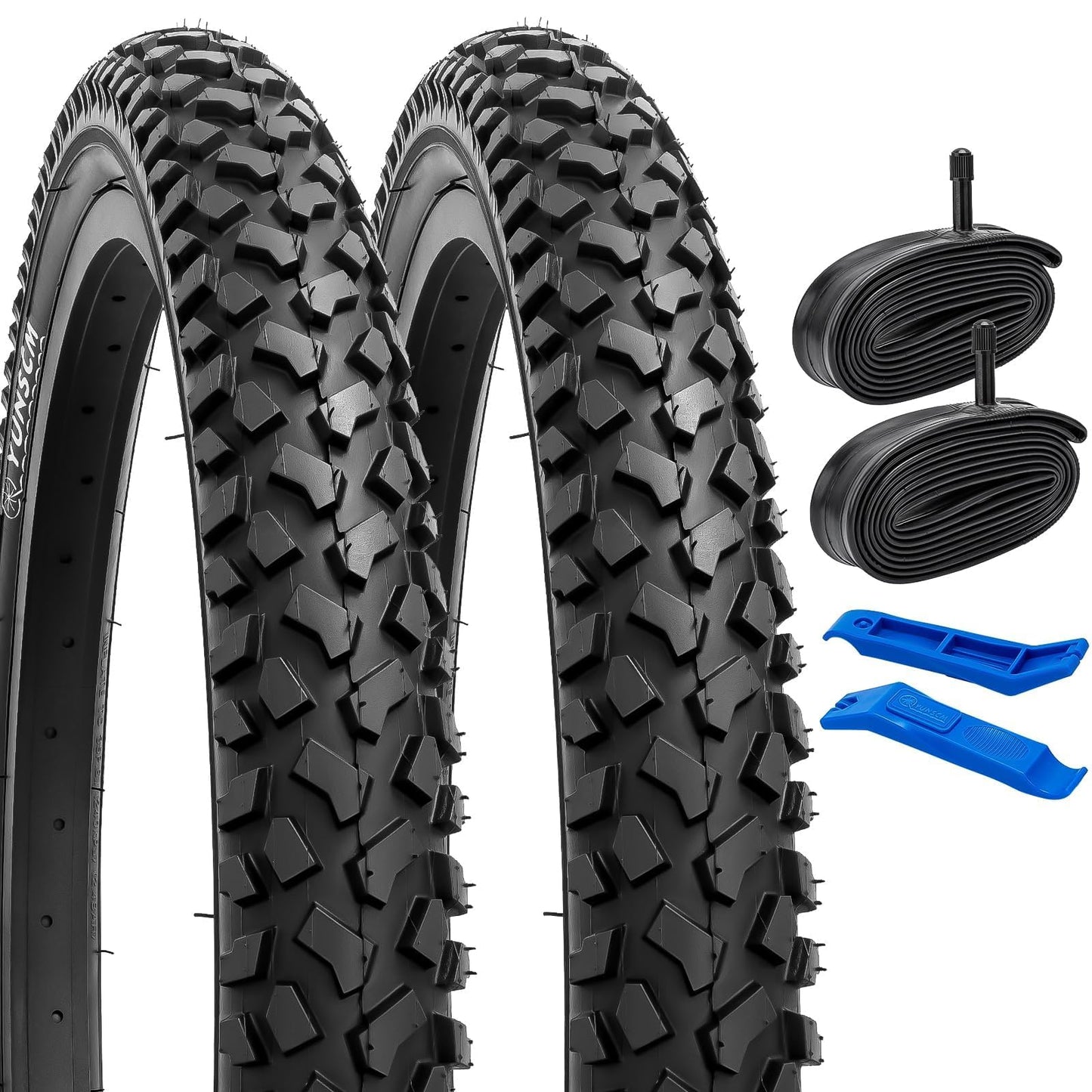 YunSCM 2-Pack 20" 60TPI Bike Tyres 20x2.125 and 20" Bike Tubes AV32mm Schrader Valve Compatible with 20x2.10 20x2.125 57-406 20x2.20 Mountain Bike