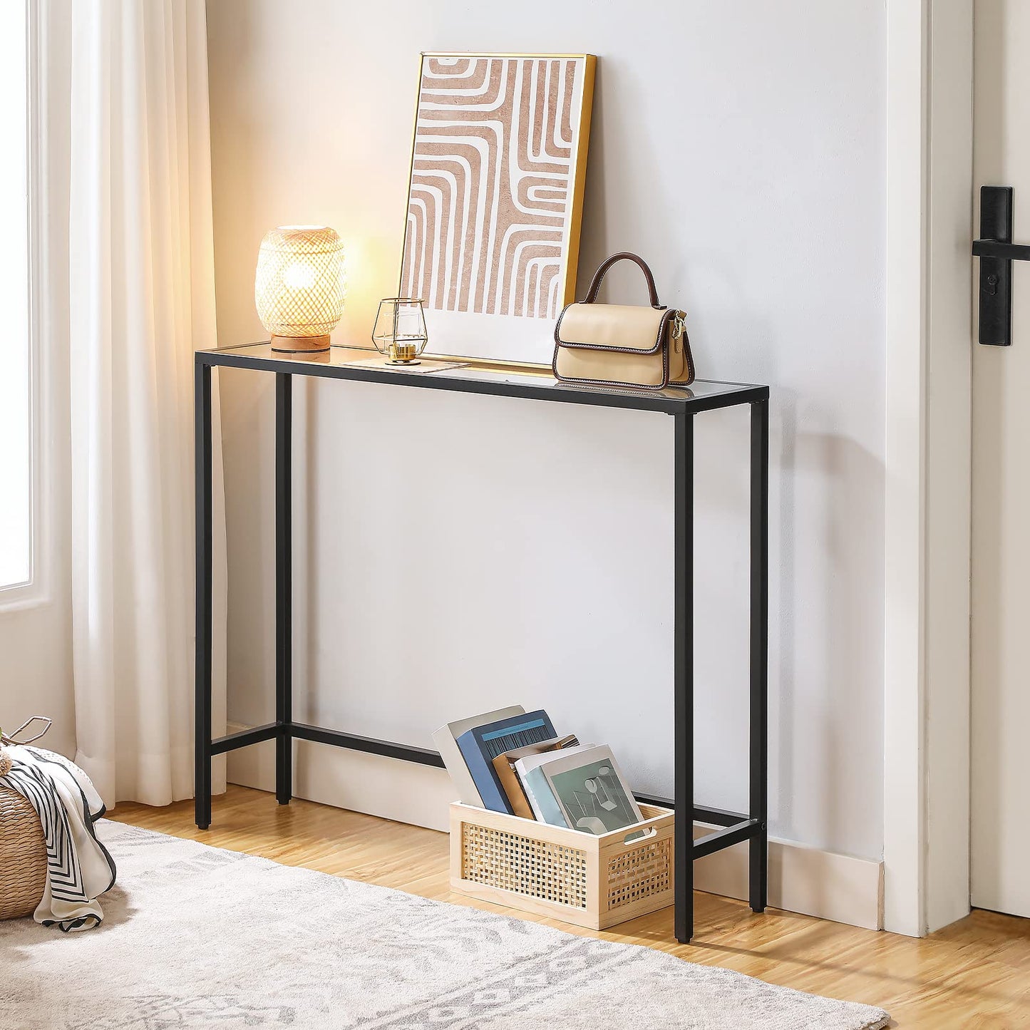 HOOBRO Black Console Table, Tempered Glass Sofa Table, Slim Hallway Table, Glass Console Table, 100 x 22 x 80 cm, Modern Display Table for Living