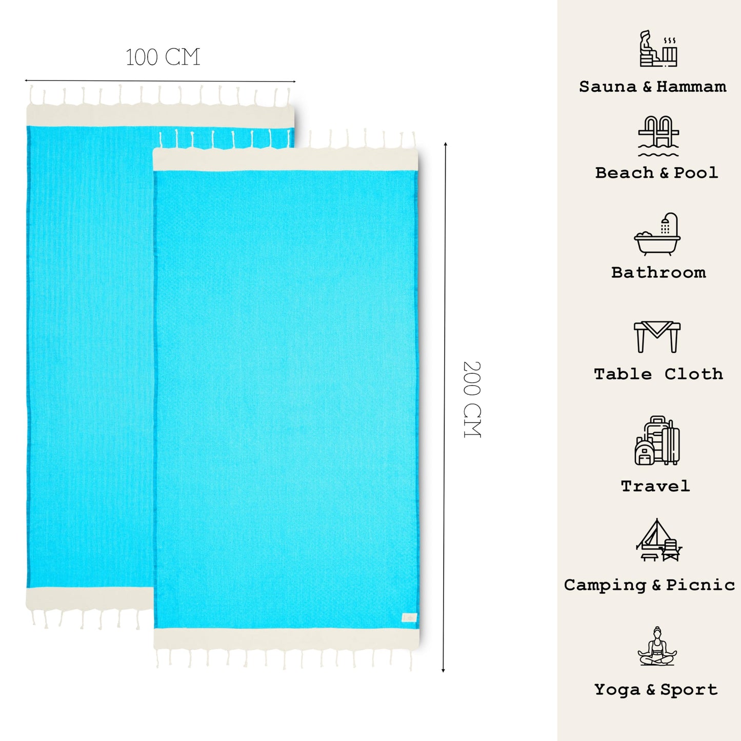 NOUR Premium 100% Cotton Turkish beach towel, Pack of 2, 100 x 200 cm, Picnic Blanket, Sauna & Hammam Towels, Extra Light, Absorbent, Quick-Drying