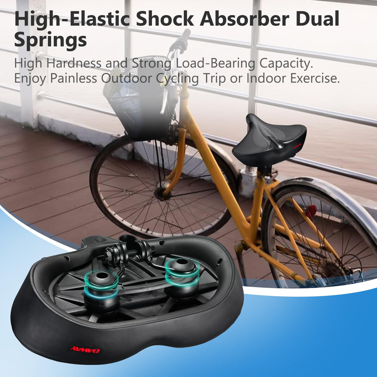 DAWAY W60 Extra Wide Bike Seat - Ultra Comfortable Memory Foam Saddle for Outdoor Indoor Rides, Ergonomic, with Shock Absorbers, Universal Fit for