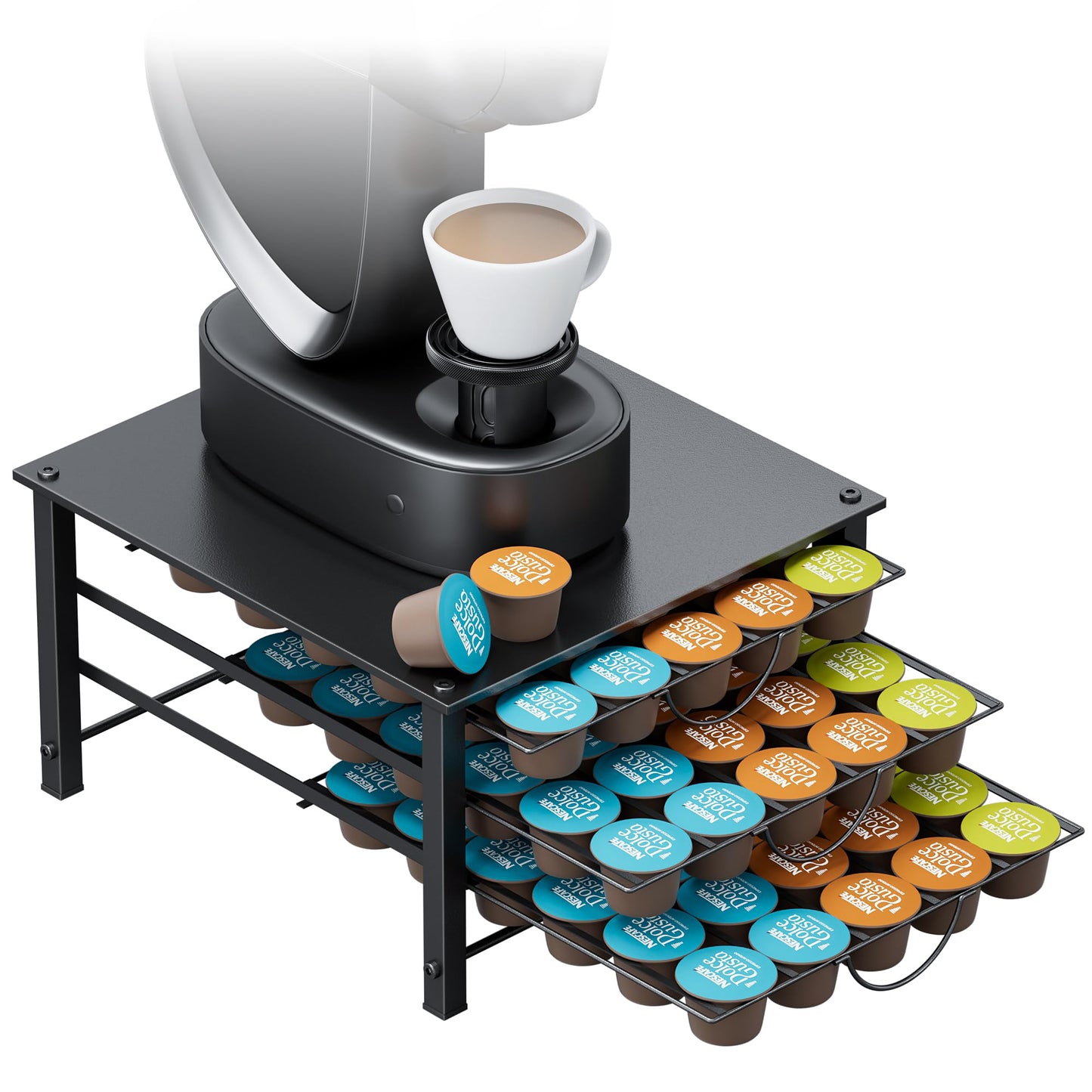 Coffee Pod Holder for Dolce Gusto, 90 Capsules Storage Drawer, 3 Tier Thick Metal Coffee Pod Storge, Pods Organizer Drawer with Non-Slip Feet Silent