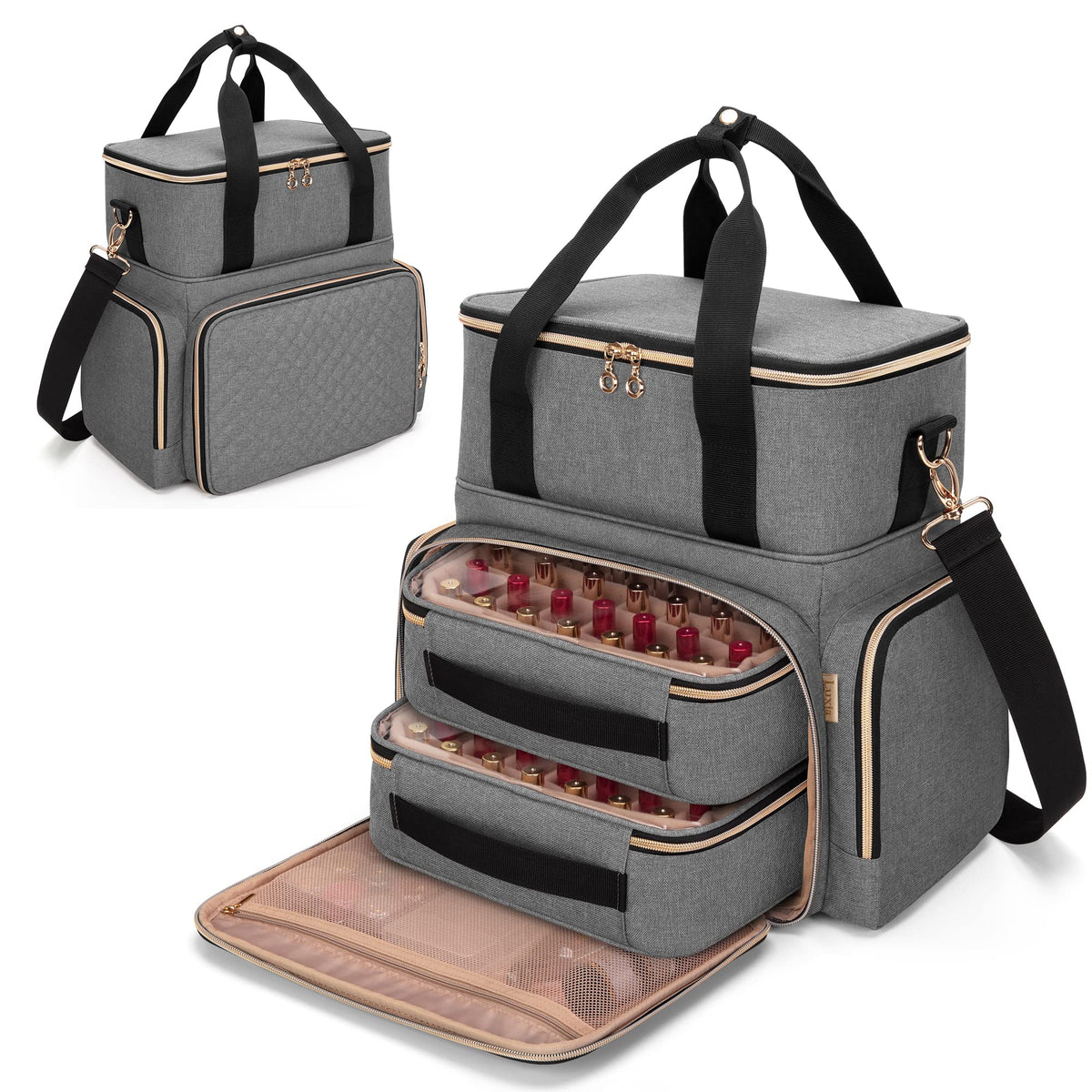 Luxja Nail Polish Organiser Holds 70 Bottles and a Lamp, Case with 2 Removable Bags and Tools Storage Pockets (Patent Pending), Grey
