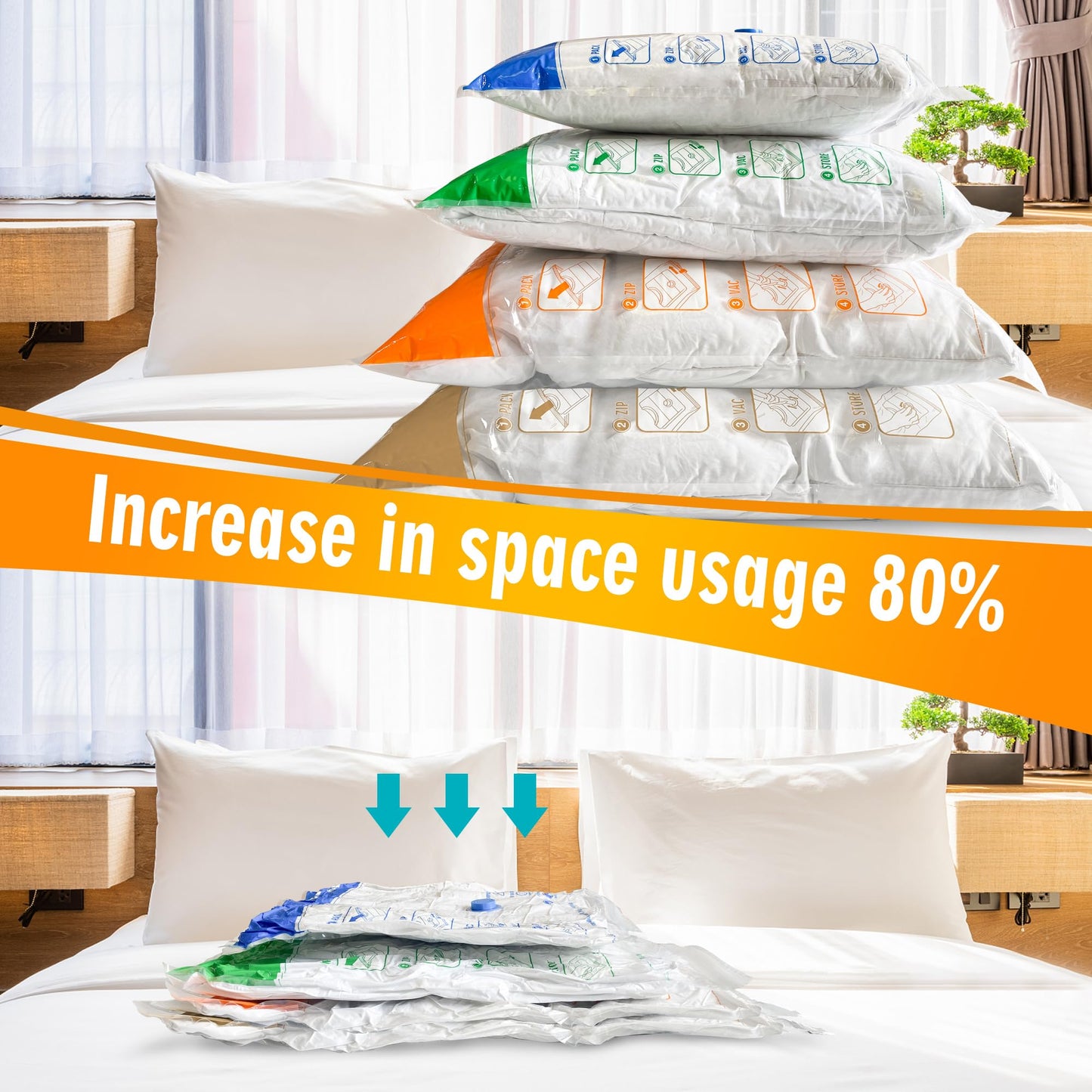 STORAGE MASTER Space Saver Bags for Travel and Home Reusable Vacuum Storage Bags Save 80% More Storage Space Work with Vacuum Cleaner