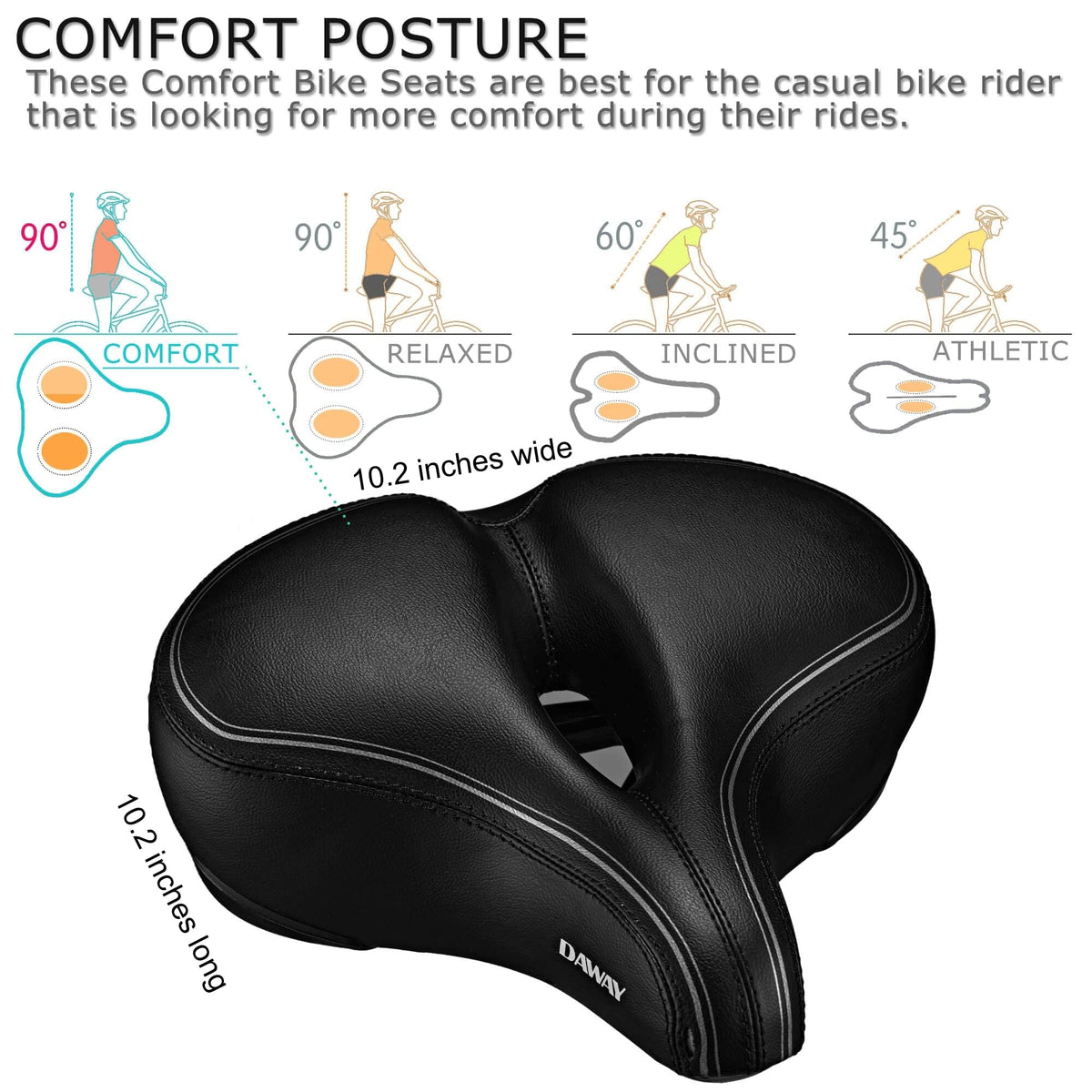 DAWAY C30i Comfortable Oversized Bike Seat - Memory Foam Padded Exercise Bicycle Saddle for Peloton, Stationary, Mountain, Road Bikes - Extra Wide