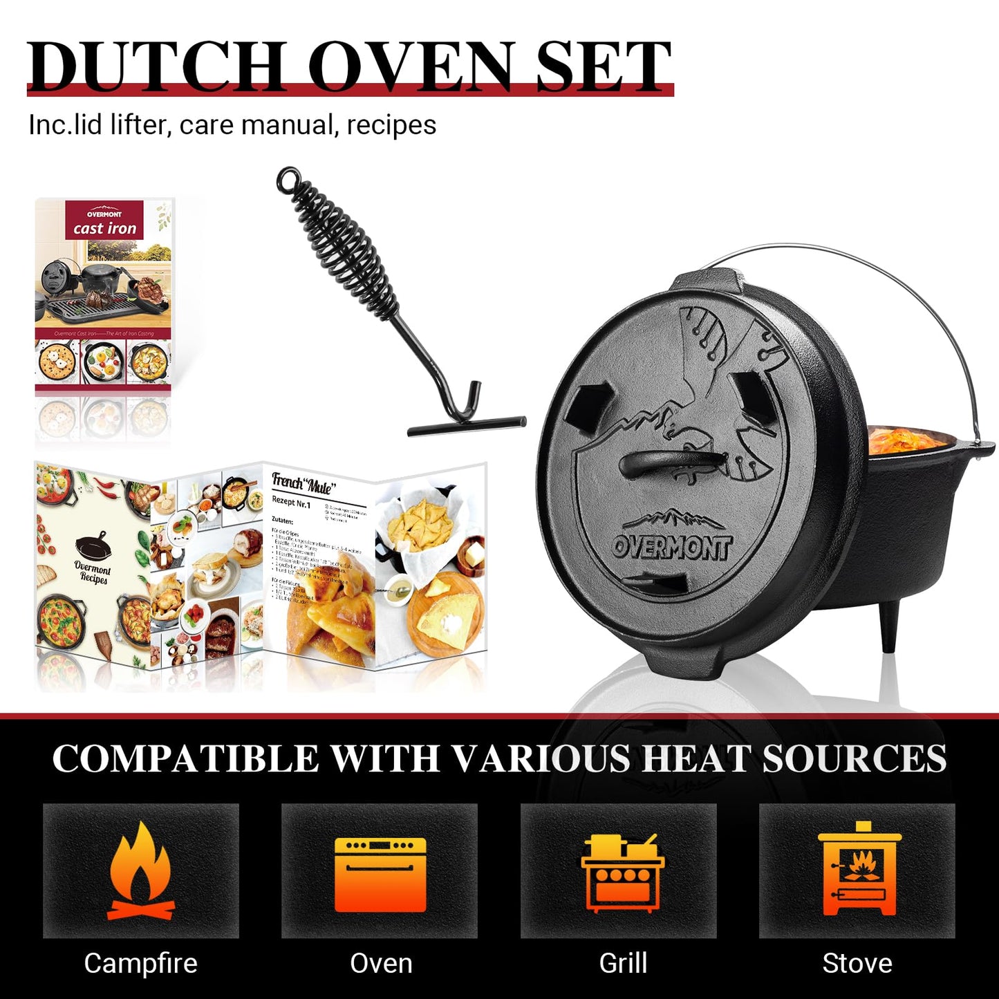 OVERMONT 5.7L/6 Quart(Pot body+lid) All-Round Dutch Oven Dual Function Lid Griddle with Lid Lifter Camping Pre Seasoned Cast Iron Pot